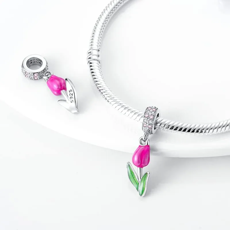 CYCUFF Sterling Silver Charms 925 per Bracciale Europeo, Collane Pendente Perline Gioielli Regalo per Le Donne Amici di Famiglia (Charms Tulipano rosa) - immagine 2