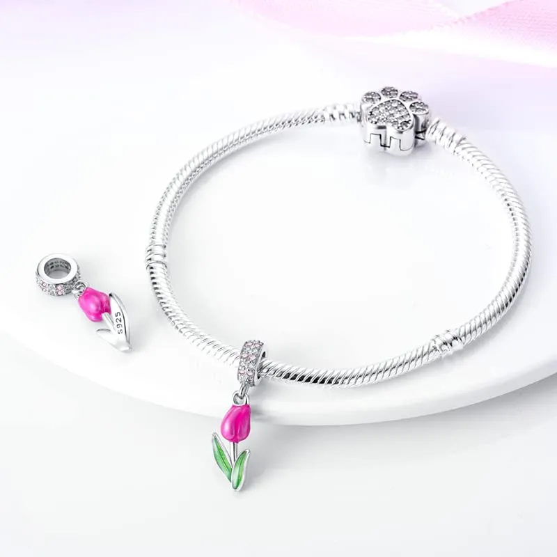 CYCUFF Sterling Silver Charms 925 per Bracciale Europeo, Collane Pendente Perline Gioielli Regalo per Le Donne Amici di Famiglia (Charms Tulipano rosa) - immagine 3