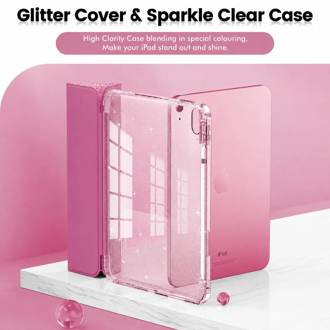 INFILAND Custodia per iPad 11 Generazione A16 11 Pollici 2025/iPad 10 Generazione 10,9 Pollici 2022,Glitterata con Retro Trasparente Brillante, Portapenne, per Bambini e Ragazze (Rosa) - immagine 3