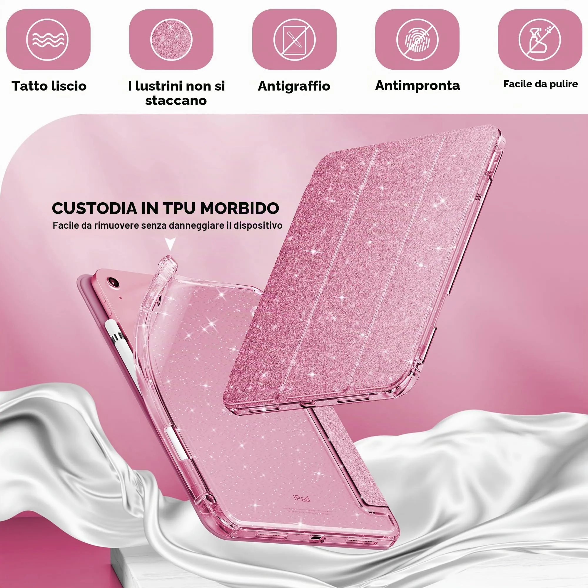 INFILAND Custodia per iPad 11 Generazione A16 11 Pollici 2025/iPad 10 Generazione 10,9 Pollici 2022,Glitterata con Retro Trasparente Brillante, Portapenne, per Bambini e Ragazze (Rosa) - immagine 4