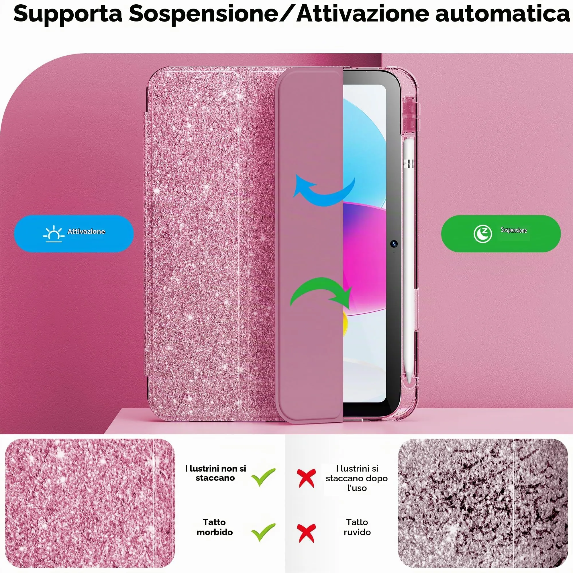 INFILAND Custodia per iPad 11 Generazione A16 11 Pollici 2025/iPad 10 Generazione 10,9 Pollici 2022,Glitterata con Retro Trasparente Brillante, Portapenne, per Bambini e Ragazze (Rosa) - immagine 5