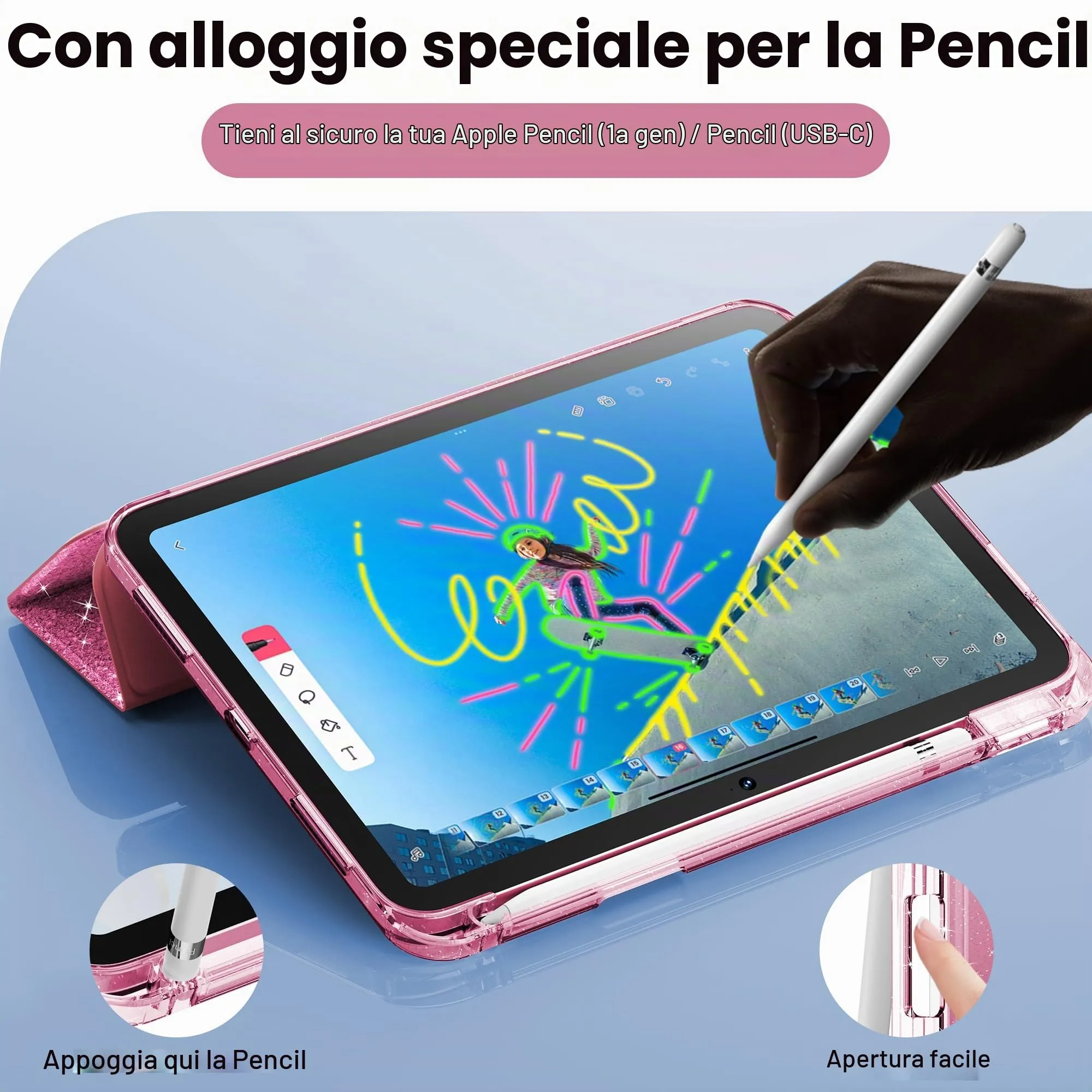 INFILAND Custodia per iPad 11 Generazione A16 11 Pollici 2025/iPad 10 Generazione 10,9 Pollici 2022,Glitterata con Retro Trasparente Brillante, Portapenne, per Bambini e Ragazze (Rosa) - immagine 6