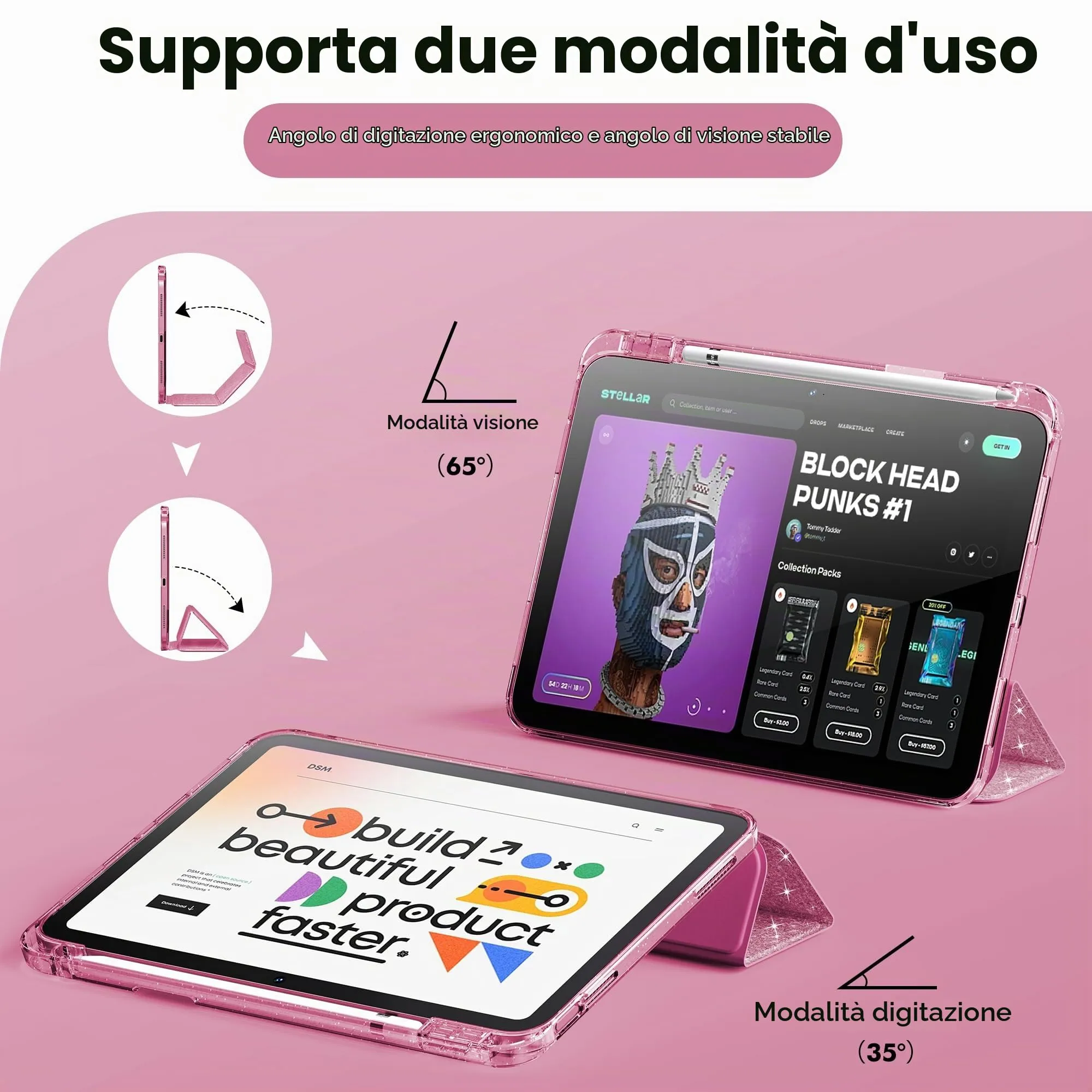 INFILAND Custodia per iPad 11 Generazione A16 11 Pollici 2025/iPad 10 Generazione 10,9 Pollici 2022,Glitterata con Retro Trasparente Brillante, Portapenne, per Bambini e Ragazze (Rosa) - immagine 7