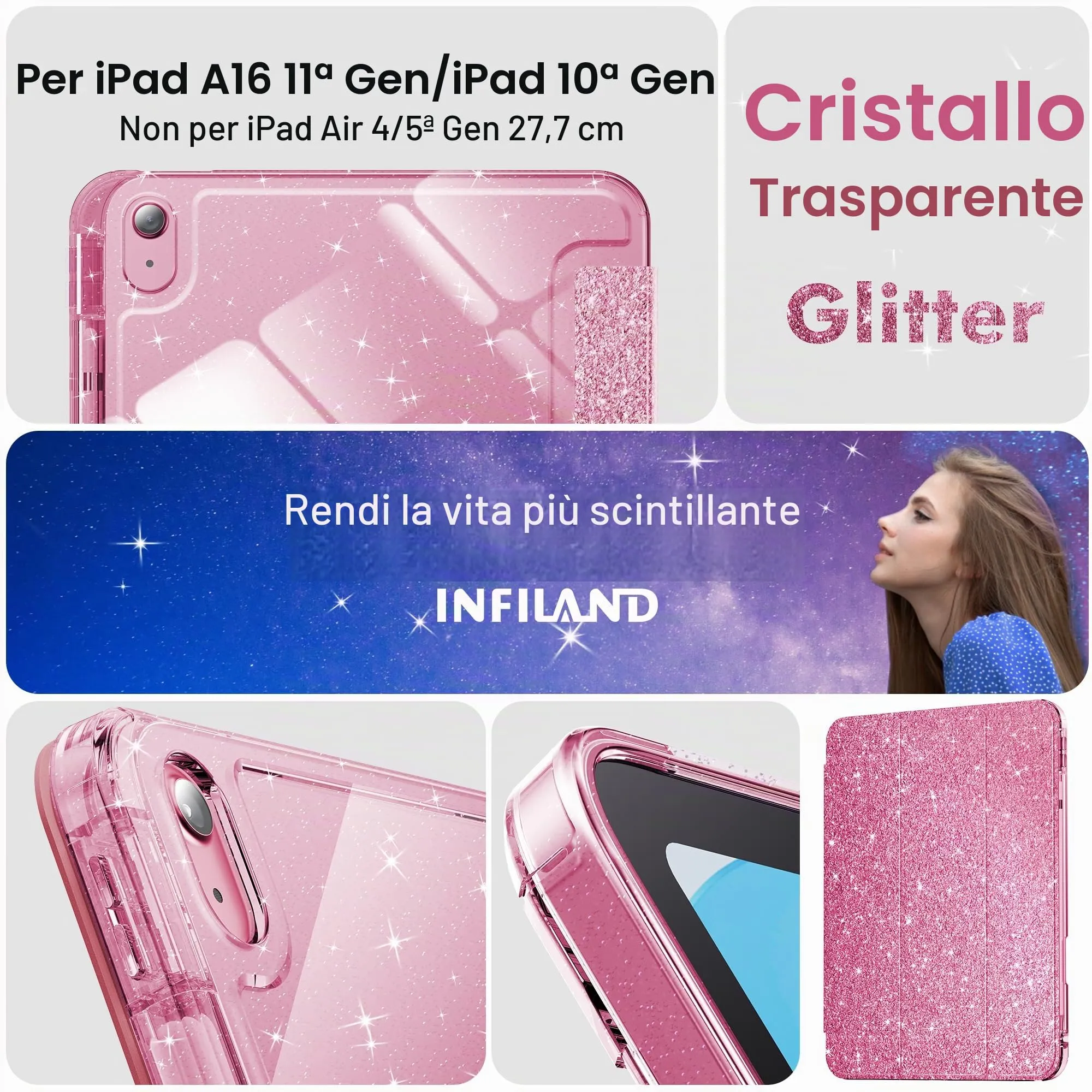 INFILAND Custodia per iPad 11 Generazione A16 11 Pollici 2025/iPad 10 Generazione 10,9 Pollici 2022,Glitterata con Retro Trasparente Brillante, Portapenne, per Bambini e Ragazze (Rosa) - immagine 8