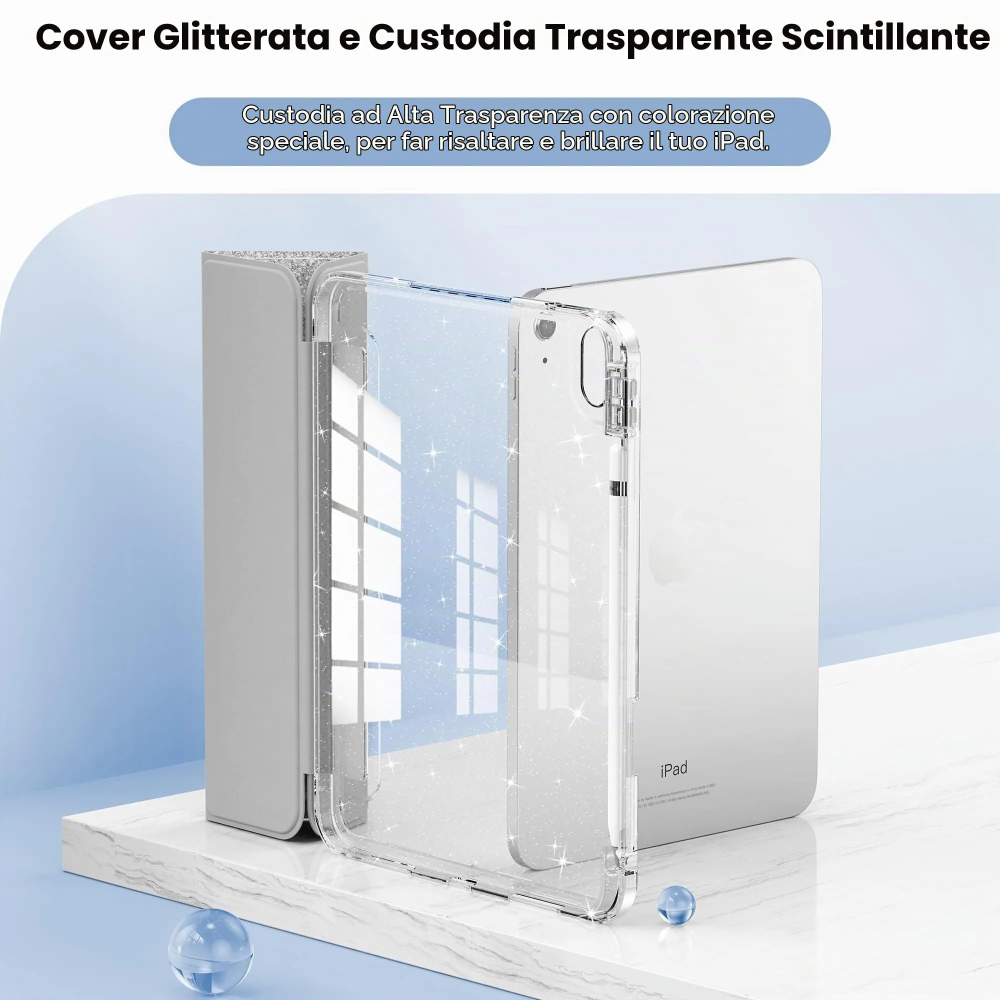 INFILAND Custodia per iPad 11 Generazione A16 11 Pollici 2025/iPad 10 Generazione 10,9 Pollici 2022,Glitterata con Retro Trasparente Brillante, Portapenne, per Bambini e Ragazze (Argento) - immagine 3