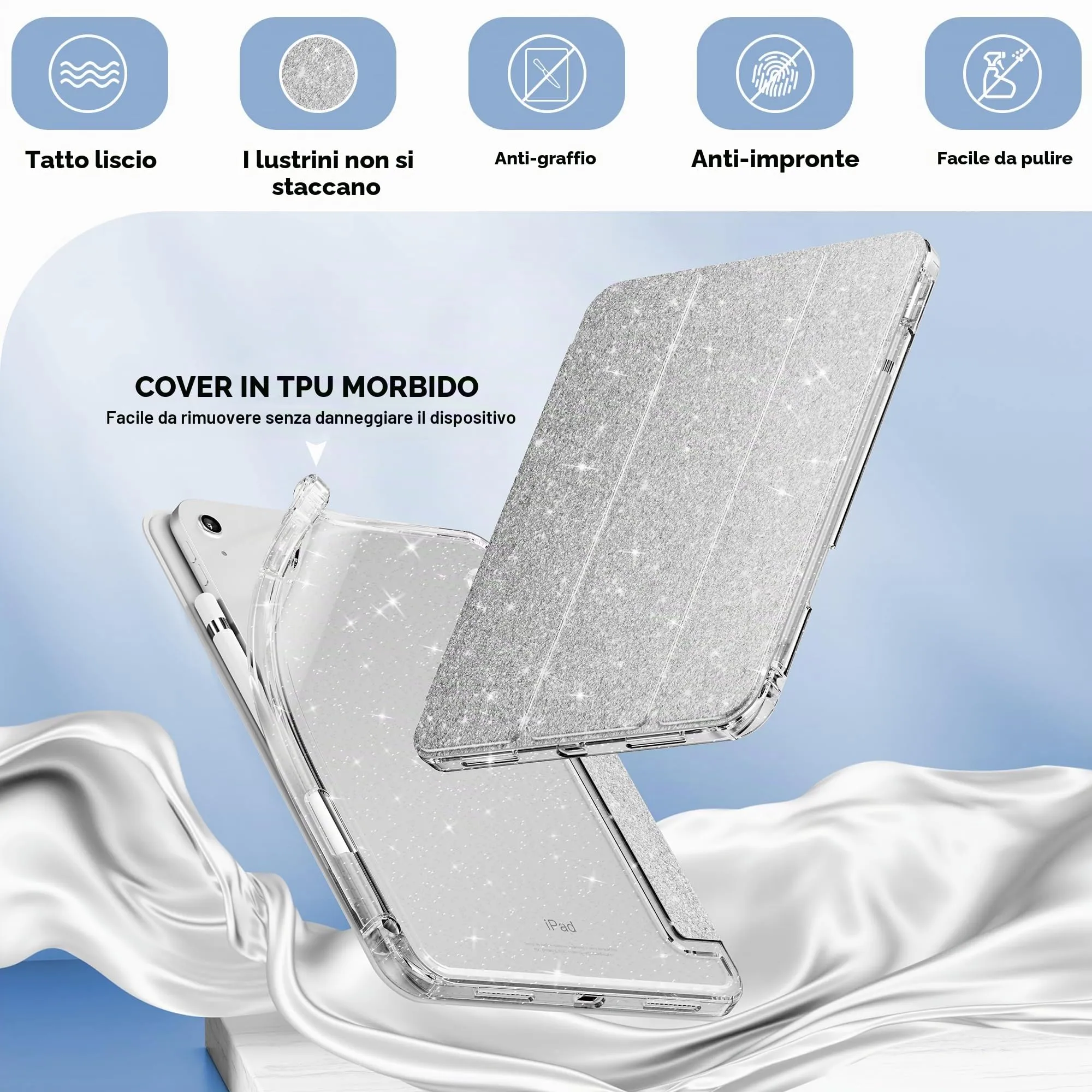 INFILAND Custodia per iPad 11 Generazione A16 11 Pollici 2025/iPad 10 Generazione 10,9 Pollici 2022,Glitterata con Retro Trasparente Brillante, Portapenne, per Bambini e Ragazze (Argento) - immagine 4