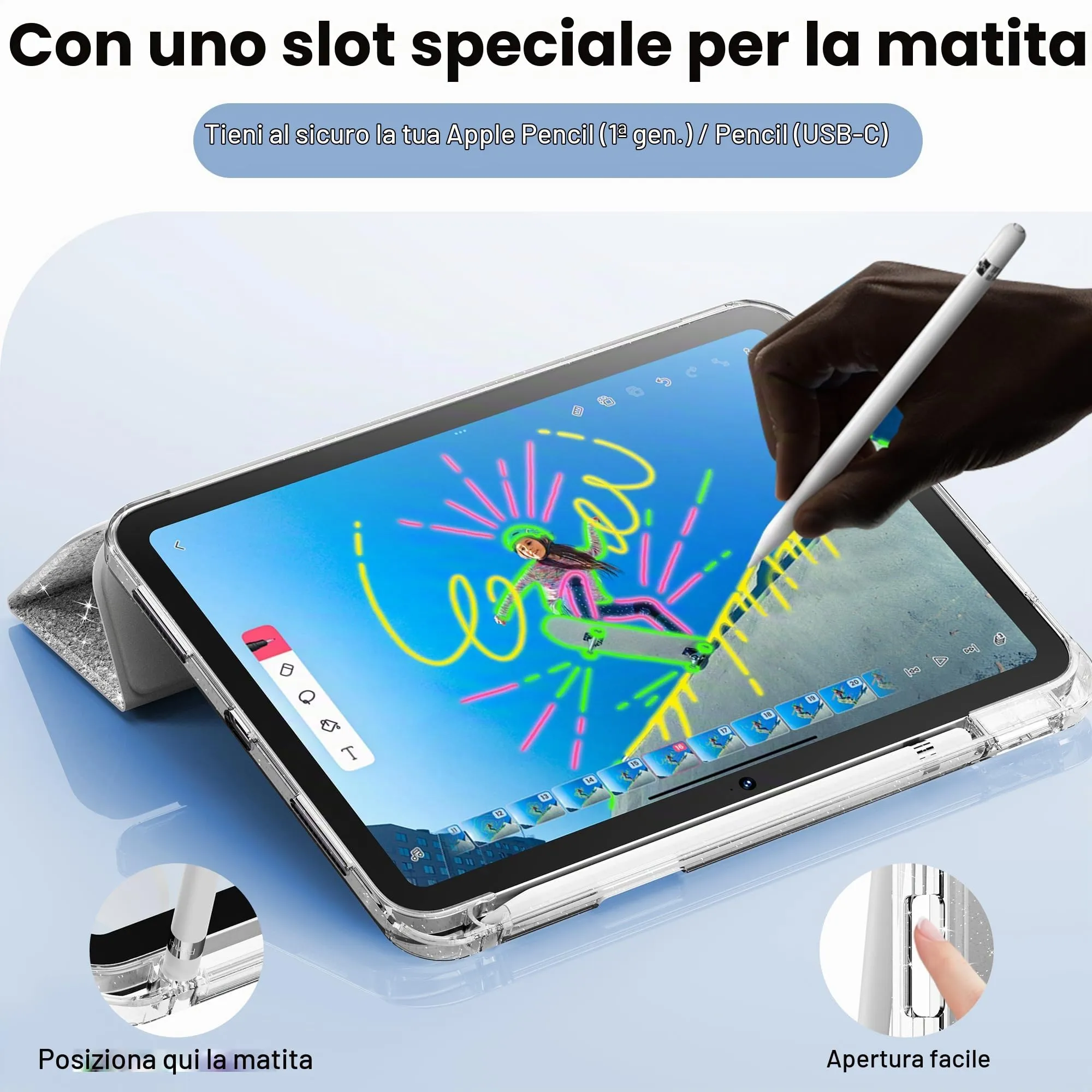 INFILAND Custodia per iPad 11 Generazione A16 11 Pollici 2025/iPad 10 Generazione 10,9 Pollici 2022,Glitterata con Retro Trasparente Brillante, Portapenne, per Bambini e Ragazze (Argento) - immagine 6