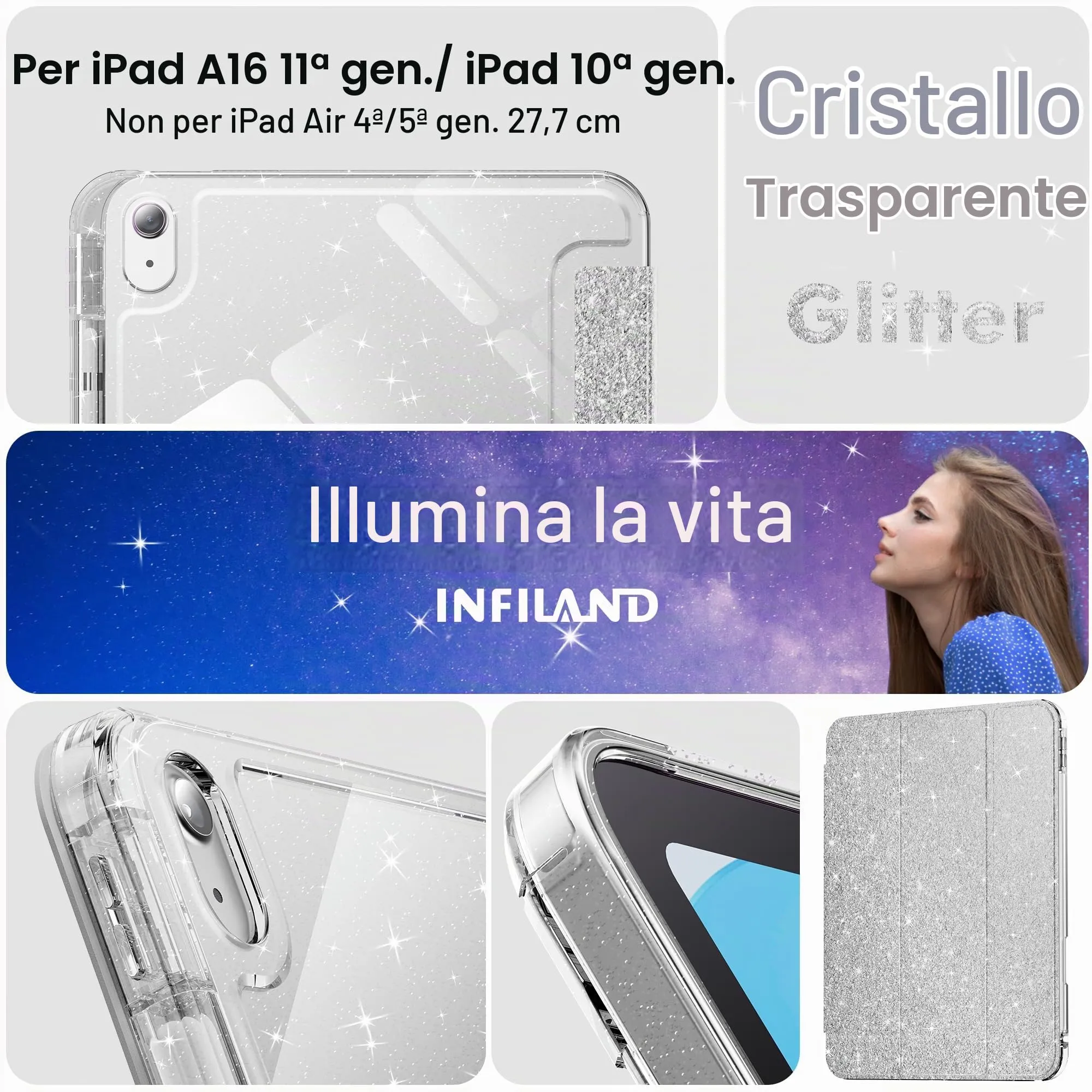 INFILAND Custodia per iPad 11 Generazione A16 11 Pollici 2025/iPad 10 Generazione 10,9 Pollici 2022,Glitterata con Retro Trasparente Brillante, Portapenne, per Bambini e Ragazze (Argento) - immagine 8