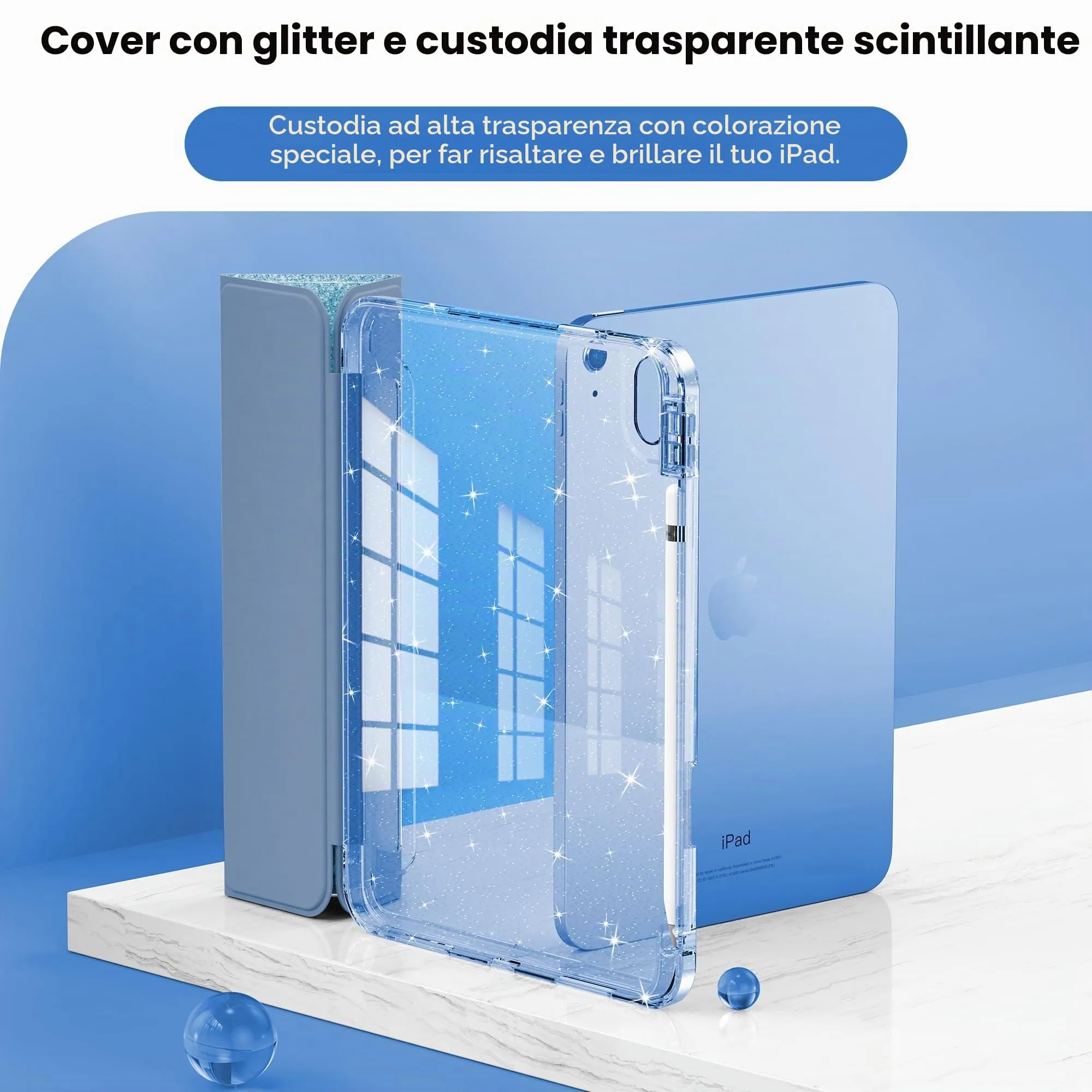 INFILAND Custodia per iPad 11 Generazione A16 11 Pollici 2025/iPad 10 Generazione 10,9 Pollici 2022,Glitterata con Retro Trasparente Brillante, Portapenne, per Bambini e Ragazze (Blu) - immagine 3