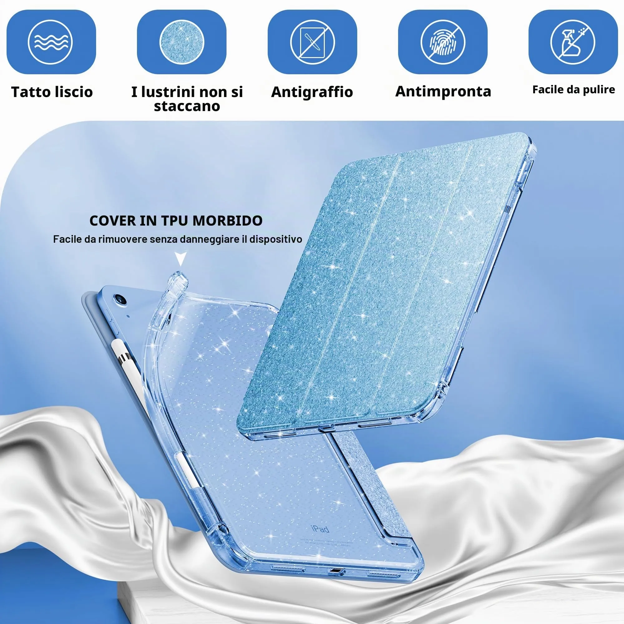 INFILAND Custodia per iPad 11 Generazione A16 11 Pollici 2025/iPad 10 Generazione 10,9 Pollici 2022,Glitterata con Retro Trasparente Brillante, Portapenne, per Bambini e Ragazze (Blu) - immagine 4