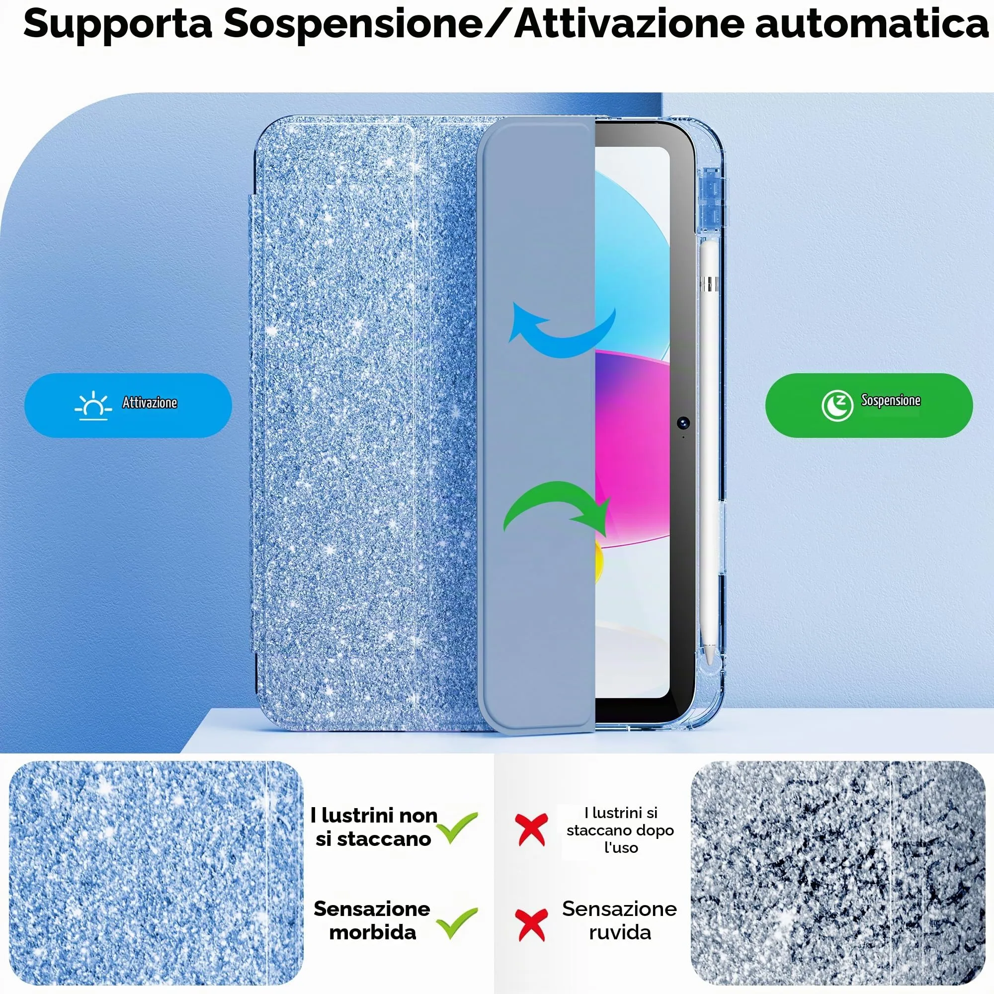INFILAND Custodia per iPad 11 Generazione A16 11 Pollici 2025/iPad 10 Generazione 10,9 Pollici 2022,Glitterata con Retro Trasparente Brillante, Portapenne, per Bambini e Ragazze (Blu) - immagine 5
