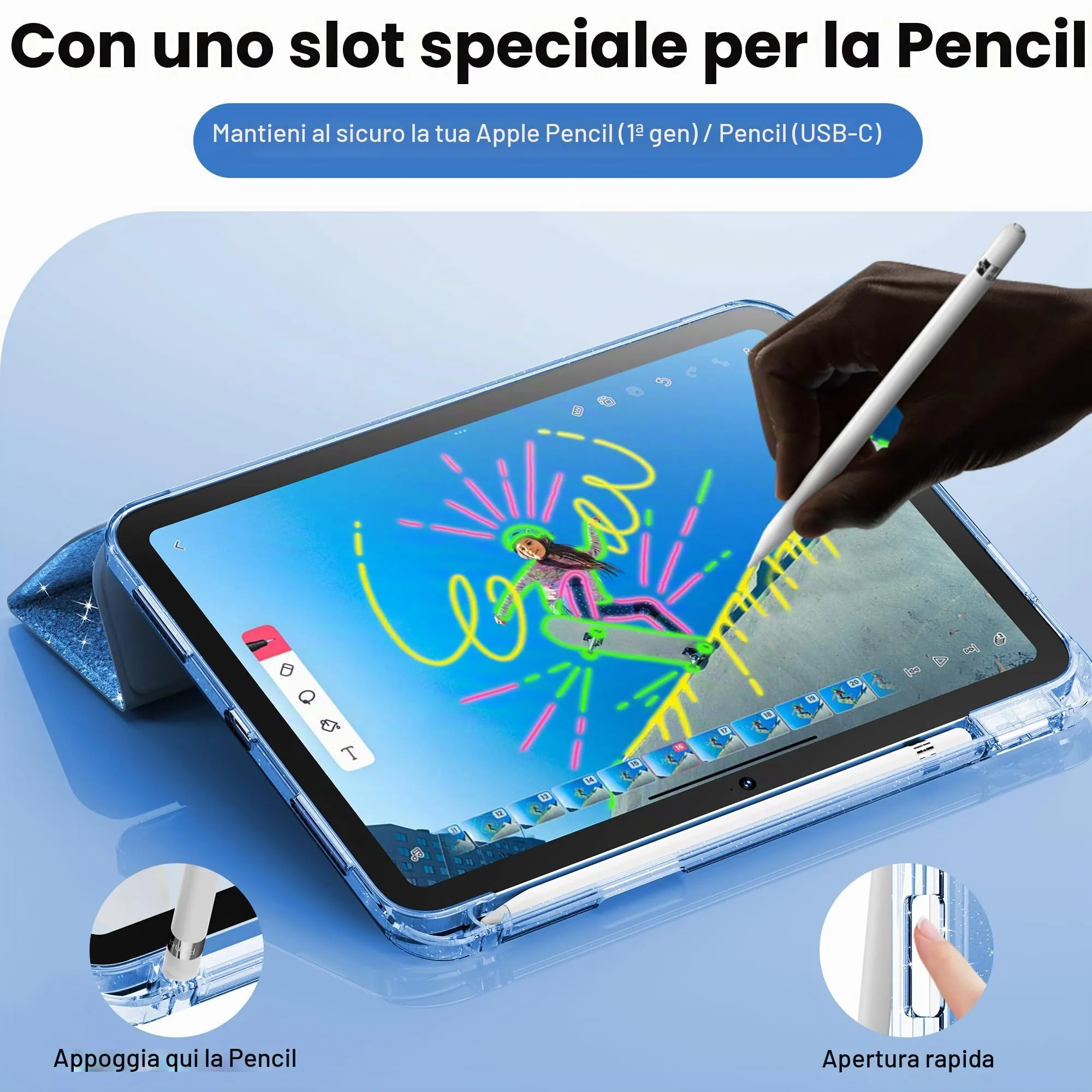 INFILAND Custodia per iPad 11 Generazione A16 11 Pollici 2025/iPad 10 Generazione 10,9 Pollici 2022,Glitterata con Retro Trasparente Brillante, Portapenne, per Bambini e Ragazze (Blu) - immagine 6