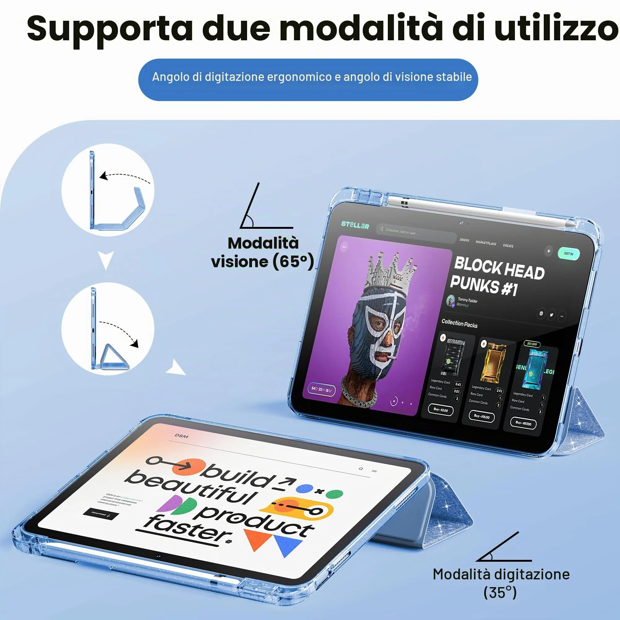 INFILAND Custodia per iPad 11 Generazione A16 11 Pollici 2025/iPad 10 Generazione 10,9 Pollici 2022,Glitterata con Retro Trasparente Brillante, Portapenne, per Bambini e Ragazze (Blu) - immagine 7