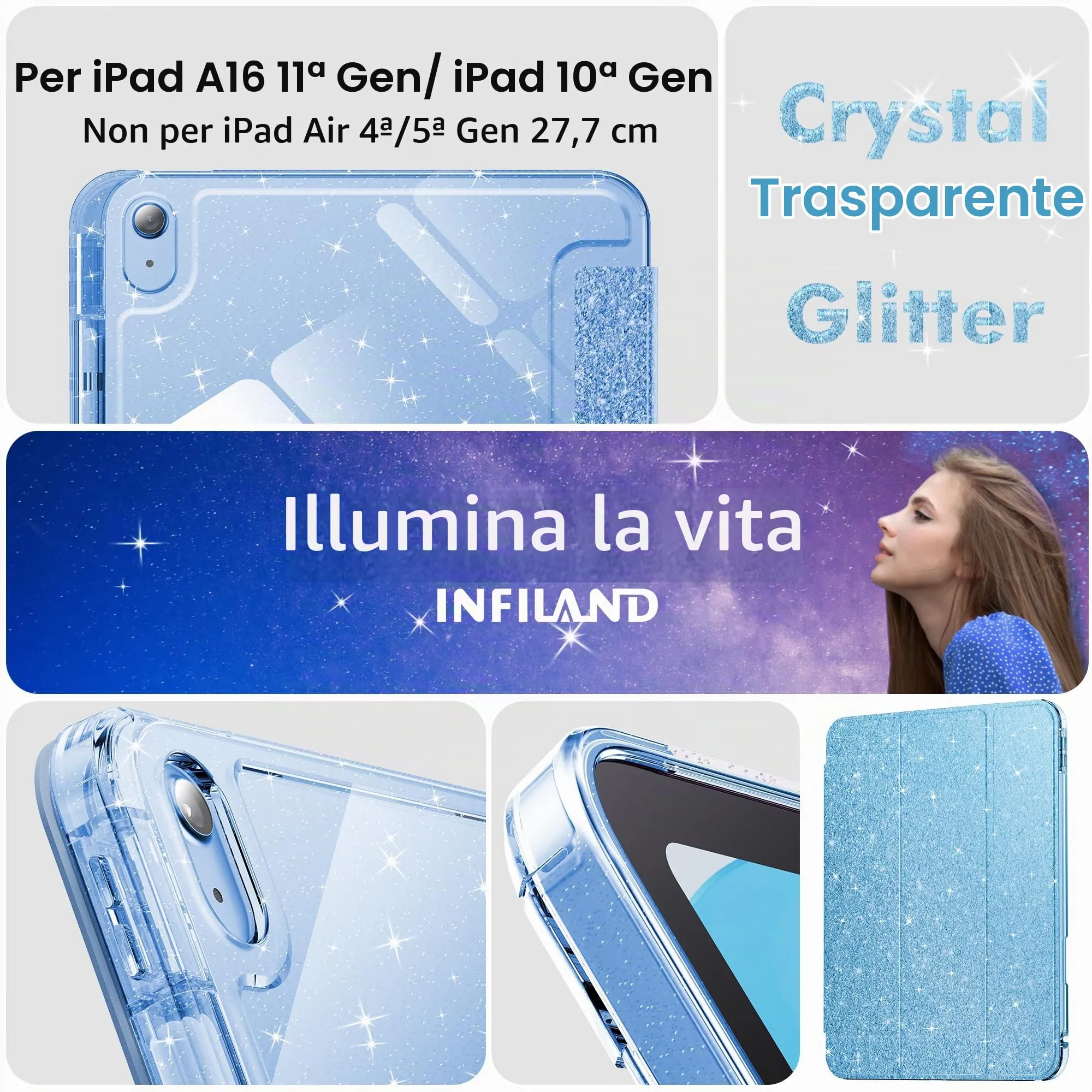 INFILAND Custodia per iPad 11 Generazione A16 11 Pollici 2025/iPad 10 Generazione 10,9 Pollici 2022,Glitterata con Retro Trasparente Brillante, Portapenne, per Bambini e Ragazze (Blu) - immagine 8