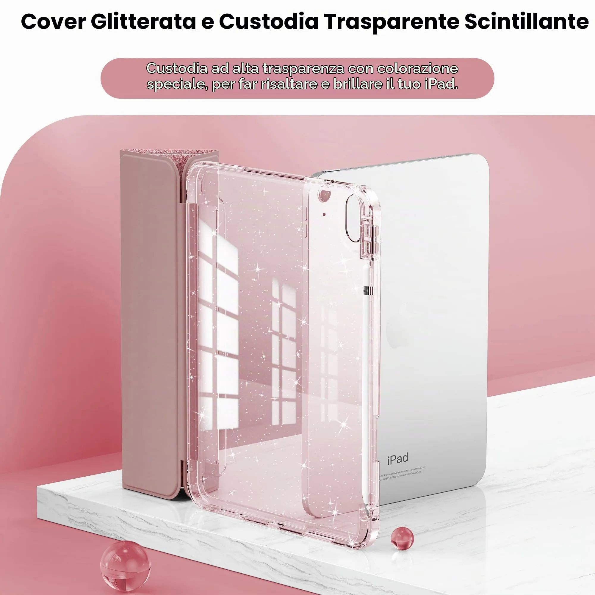 INFILAND Custodia per iPad 11 Generazione A16 11 Pollici 2025/iPad 10 Generazione 10,9 Pollici 2022,Glitterata con Retro Trasparente Brillante, Portapenne, per Bambini e Ragazze (Oro rosa) - immagine 3