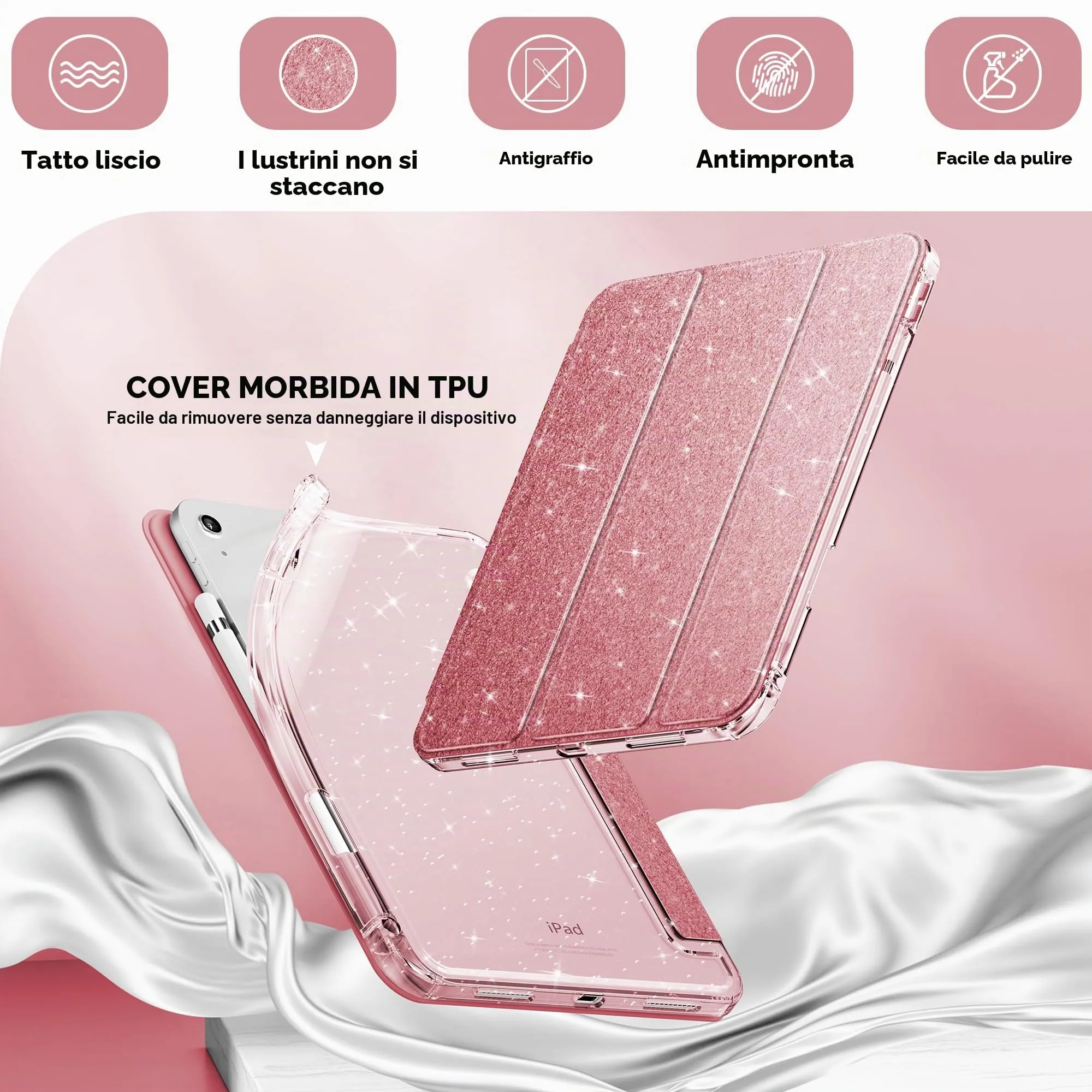 INFILAND Custodia per iPad 11 Generazione A16 11 Pollici 2025/iPad 10 Generazione 10,9 Pollici 2022,Glitterata con Retro Trasparente Brillante, Portapenne, per Bambini e Ragazze (Oro rosa) - immagine 4