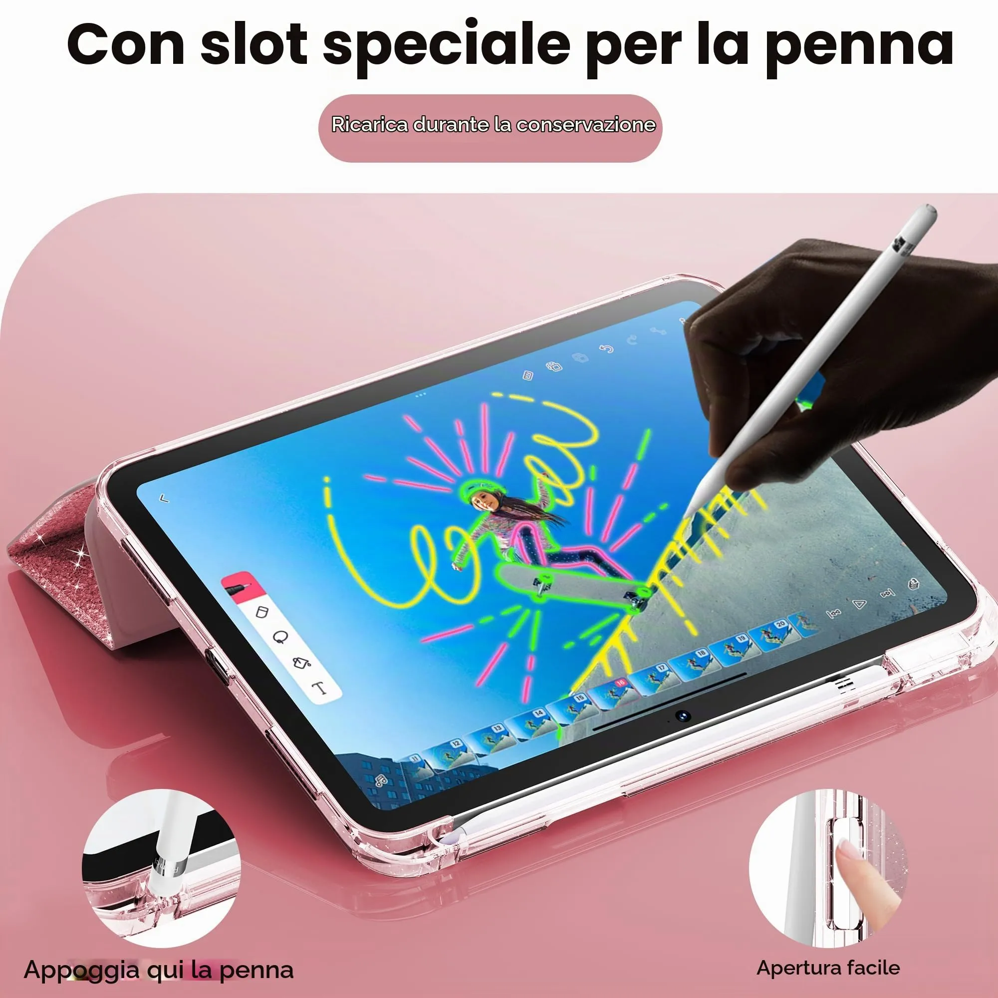 INFILAND Custodia per iPad 11 Generazione A16 11 Pollici 2025/iPad 10 Generazione 10,9 Pollici 2022,Glitterata con Retro Trasparente Brillante, Portapenne, per Bambini e Ragazze (Oro rosa) - immagine 5
