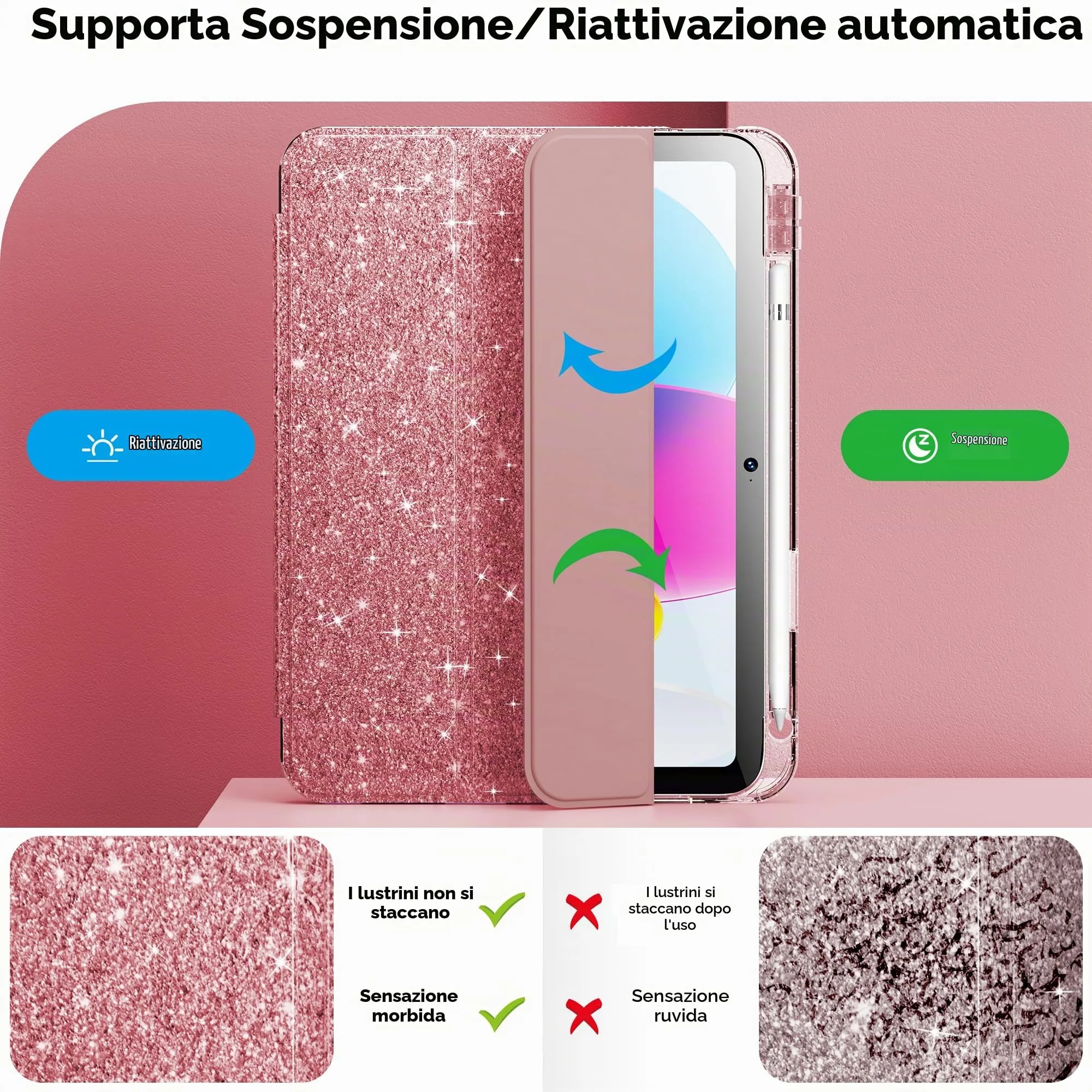 INFILAND Custodia per iPad 11 Generazione A16 11 Pollici 2025/iPad 10 Generazione 10,9 Pollici 2022,Glitterata con Retro Trasparente Brillante, Portapenne, per Bambini e Ragazze (Oro rosa) - immagine 6