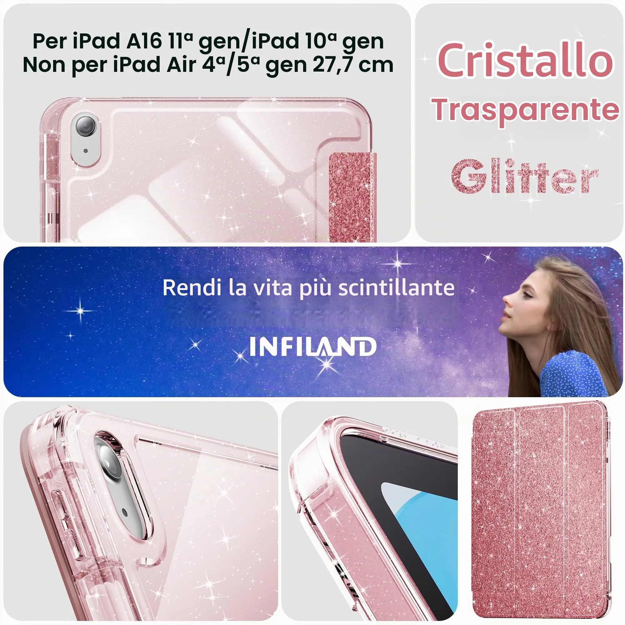 INFILAND Custodia per iPad 11 Generazione A16 11 Pollici 2025/iPad 10 Generazione 10,9 Pollici 2022,Glitterata con Retro Trasparente Brillante, Portapenne, per Bambini e Ragazze (Oro rosa) - immagine 7