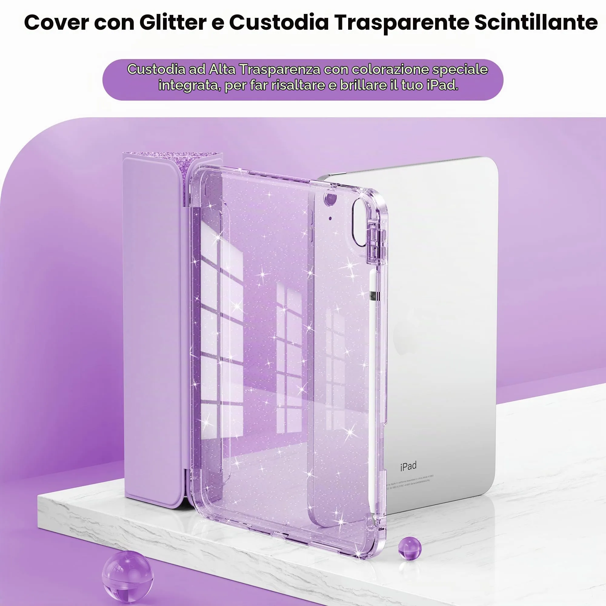 INFILAND Custodia per iPad 11 Generazione A16 11 Pollici 2025/iPad 10 Generazione 10,9 Pollici 2022,Glitterata con Retro Trasparente Brillante, Portapenne, per Bambini e Ragazze (Viola) - immagine 2