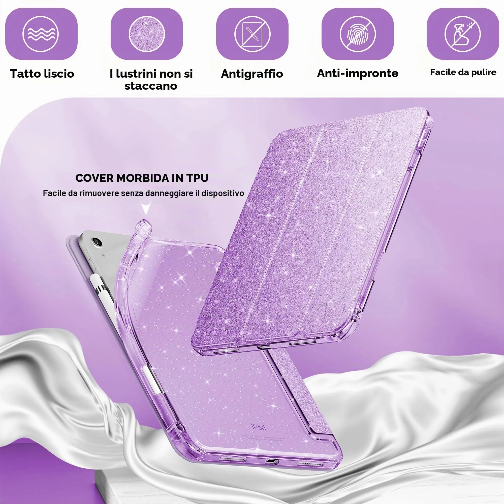 INFILAND Custodia per iPad 11 Generazione A16 11 Pollici 2025/iPad 10 Generazione 10,9 Pollici 2022,Glitterata con Retro Trasparente Brillante, Portapenne, per Bambini e Ragazze (Viola) - immagine 3