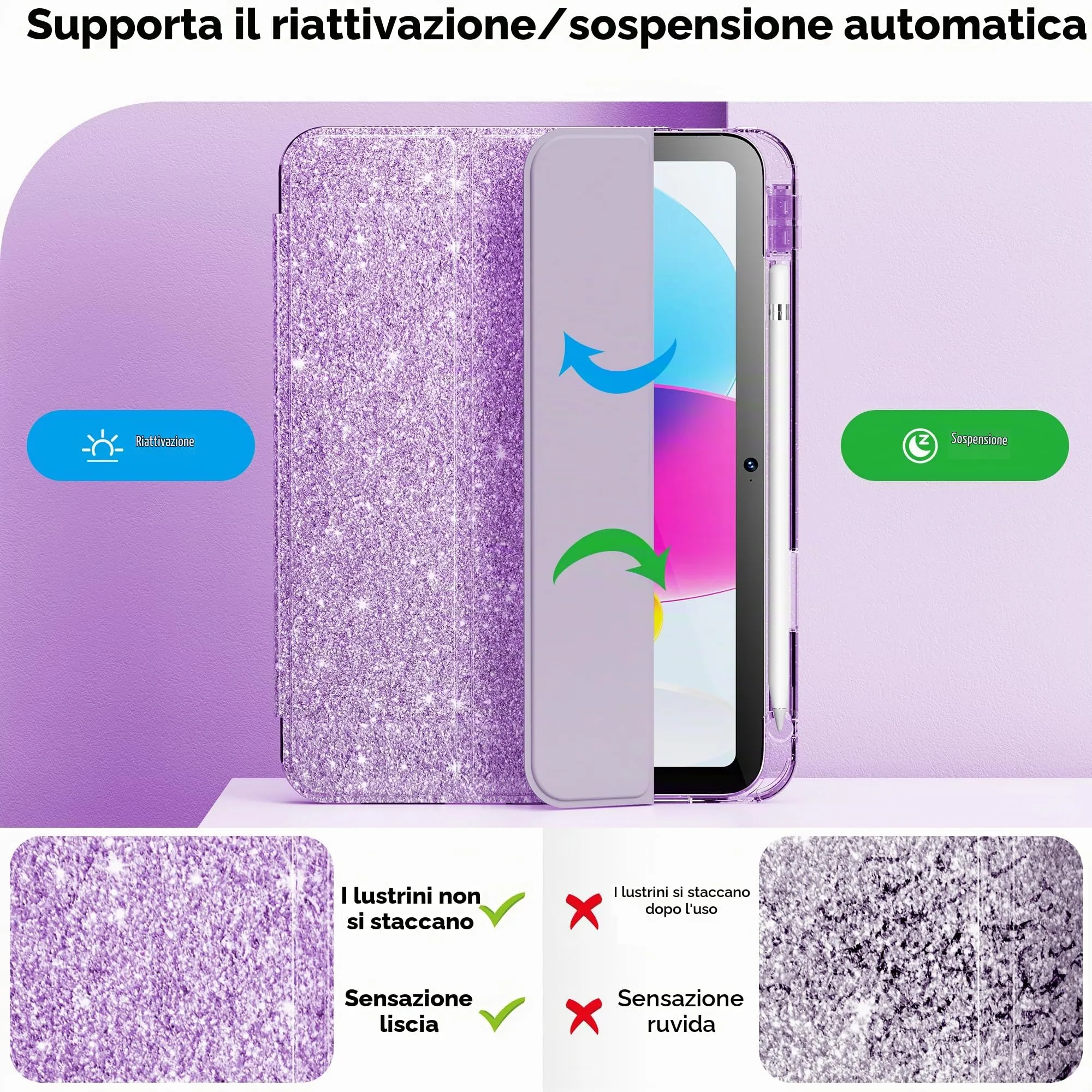 INFILAND Custodia per iPad 11 Generazione A16 11 Pollici 2025/iPad 10 Generazione 10,9 Pollici 2022,Glitterata con Retro Trasparente Brillante, Portapenne, per Bambini e Ragazze (Viola) - immagine 4