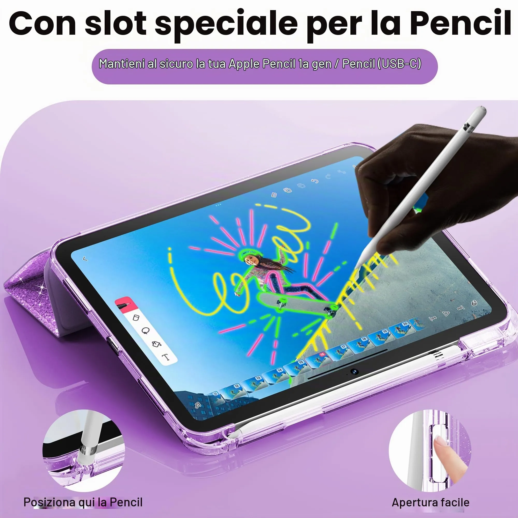 INFILAND Custodia per iPad 11 Generazione A16 11 Pollici 2025/iPad 10 Generazione 10,9 Pollici 2022,Glitterata con Retro Trasparente Brillante, Portapenne, per Bambini e Ragazze (Viola) - immagine 5