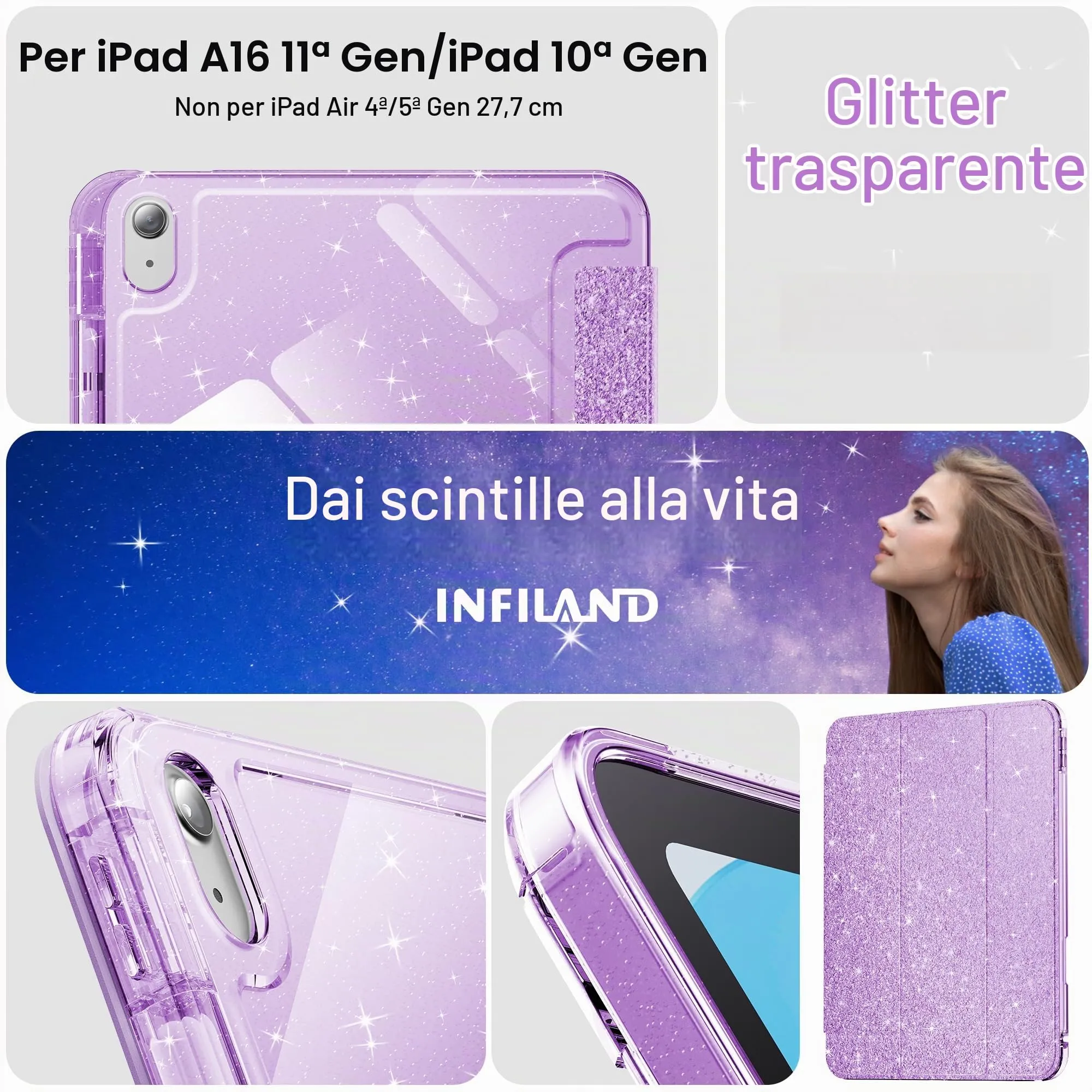 INFILAND Custodia per iPad 11 Generazione A16 11 Pollici 2025/iPad 10 Generazione 10,9 Pollici 2022,Glitterata con Retro Trasparente Brillante, Portapenne, per Bambini e Ragazze (Viola) - immagine 7