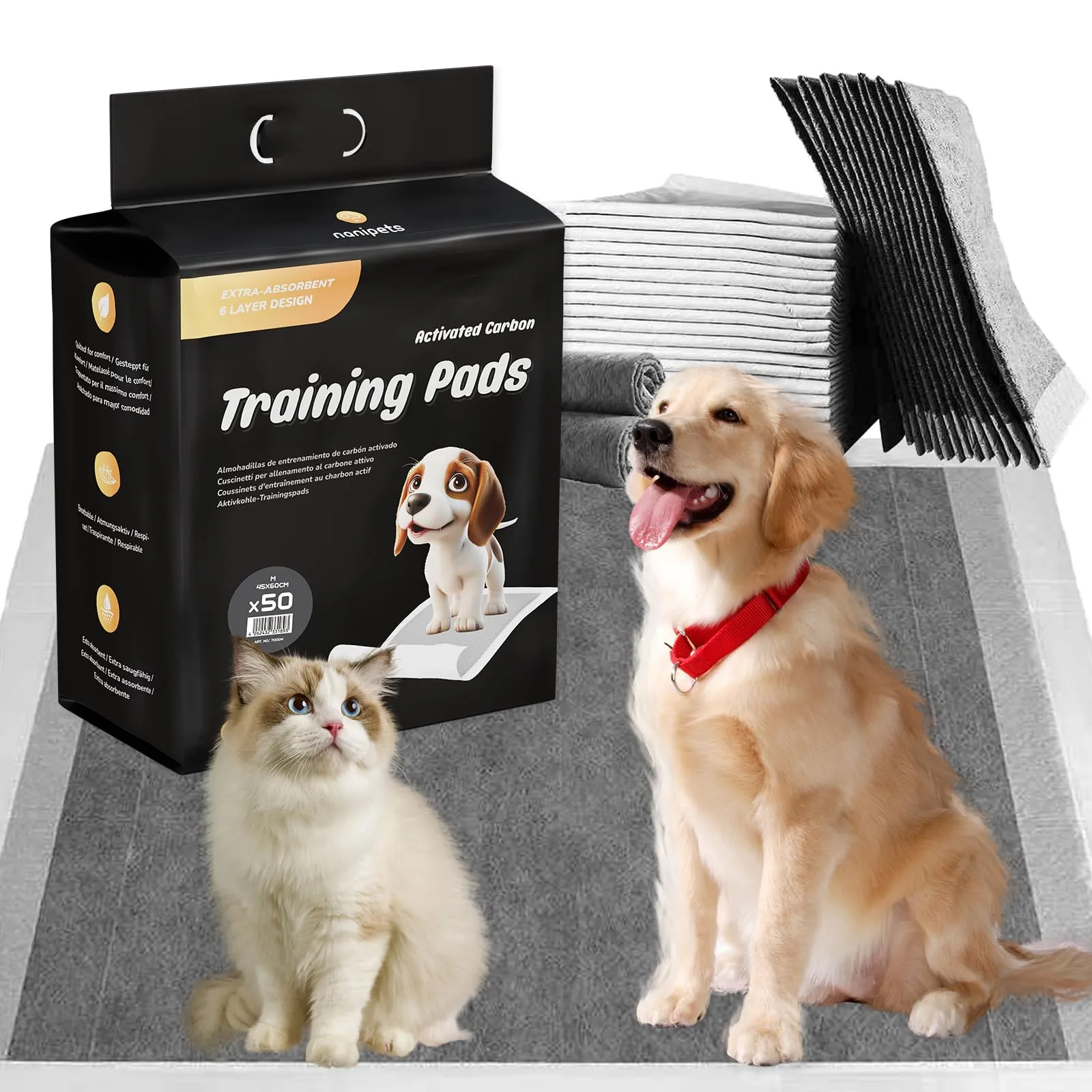 Nanipets® Tappetini Igienici Per Cani Al Carbone Attivo, Assorbenti Super Assorbenti Traverse Cani E Animali Domestici, 45*60 CM Assorbenti Extra Large Addensati Per Vasino, Confezione Da 50 - immagine 1