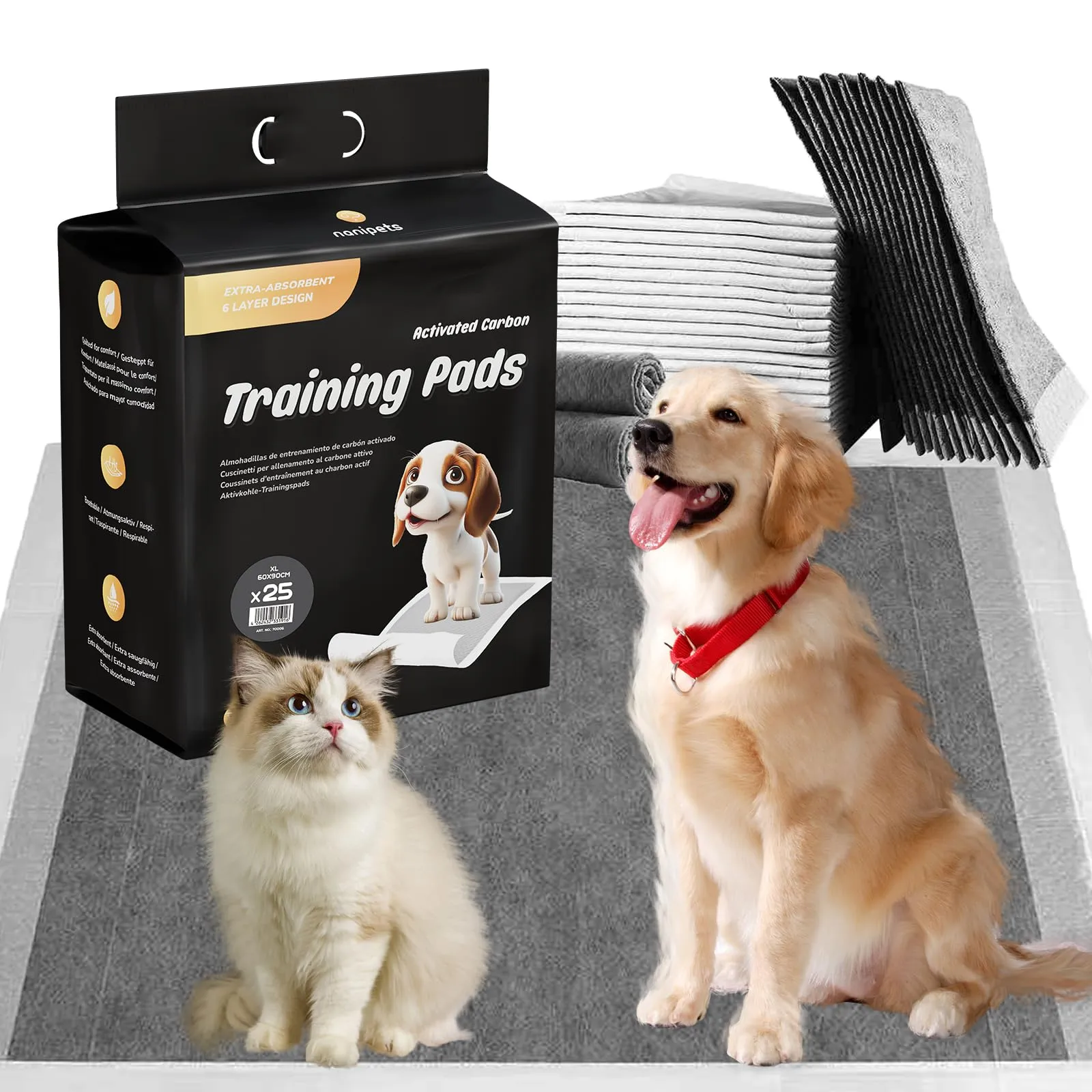 Nanipets® Tappetini Igienici Per Cani Al Carbone Attivo, Assorbenti Super Assorbenti Traverse Cani E Animali Domestici, 60*90 CM Assorbenti Extra Large Addensati Per Vasino, Confezione Da 25 - immagine 1