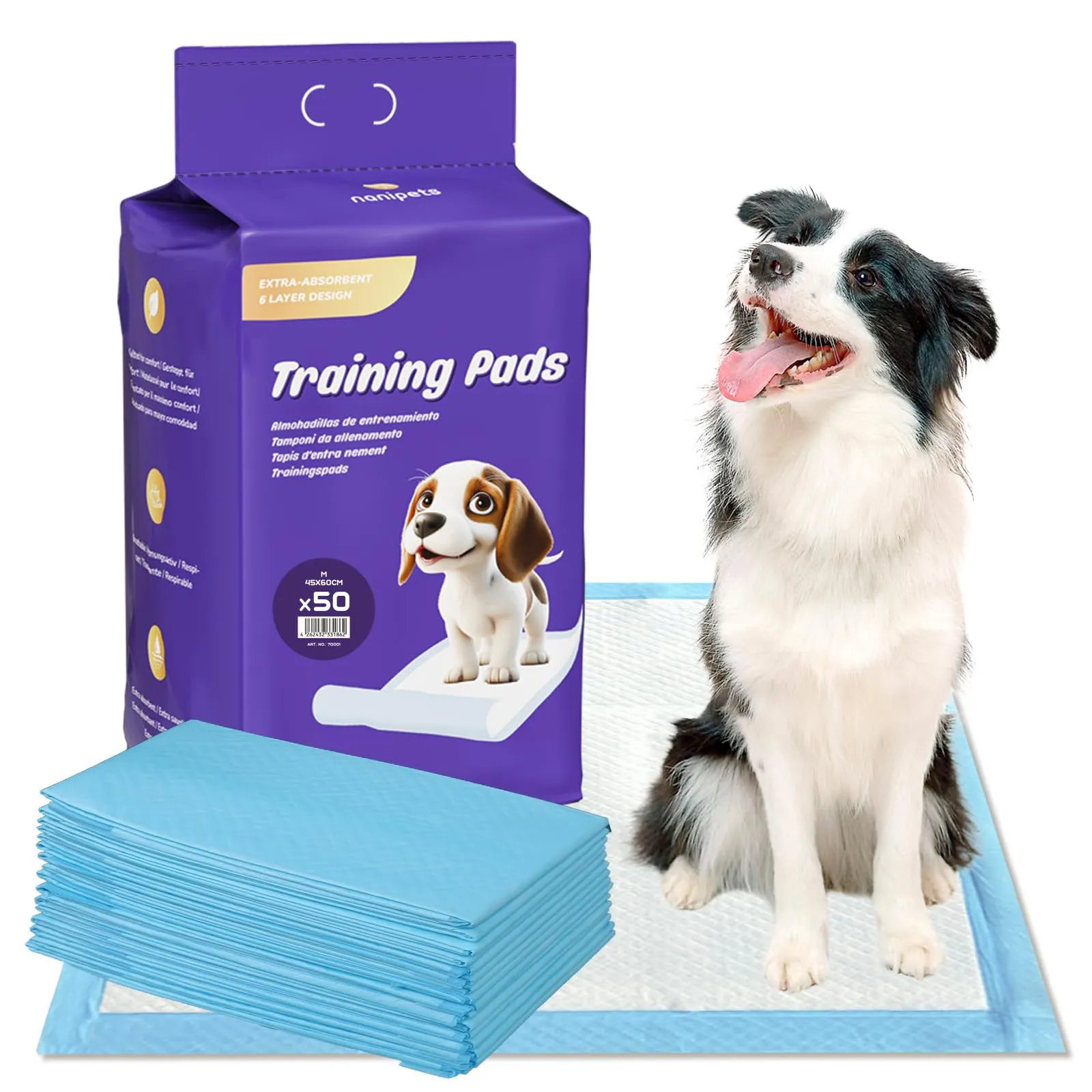 Nanipets® Tappetini Igienici Per Cani, Assorbenti Super Assorbenti Traverse Cani E Animali Domestici, 45 x 60 CM Assorbenti Extra Large Addensati Per Vasino, Confezione Da 50 - immagine 1