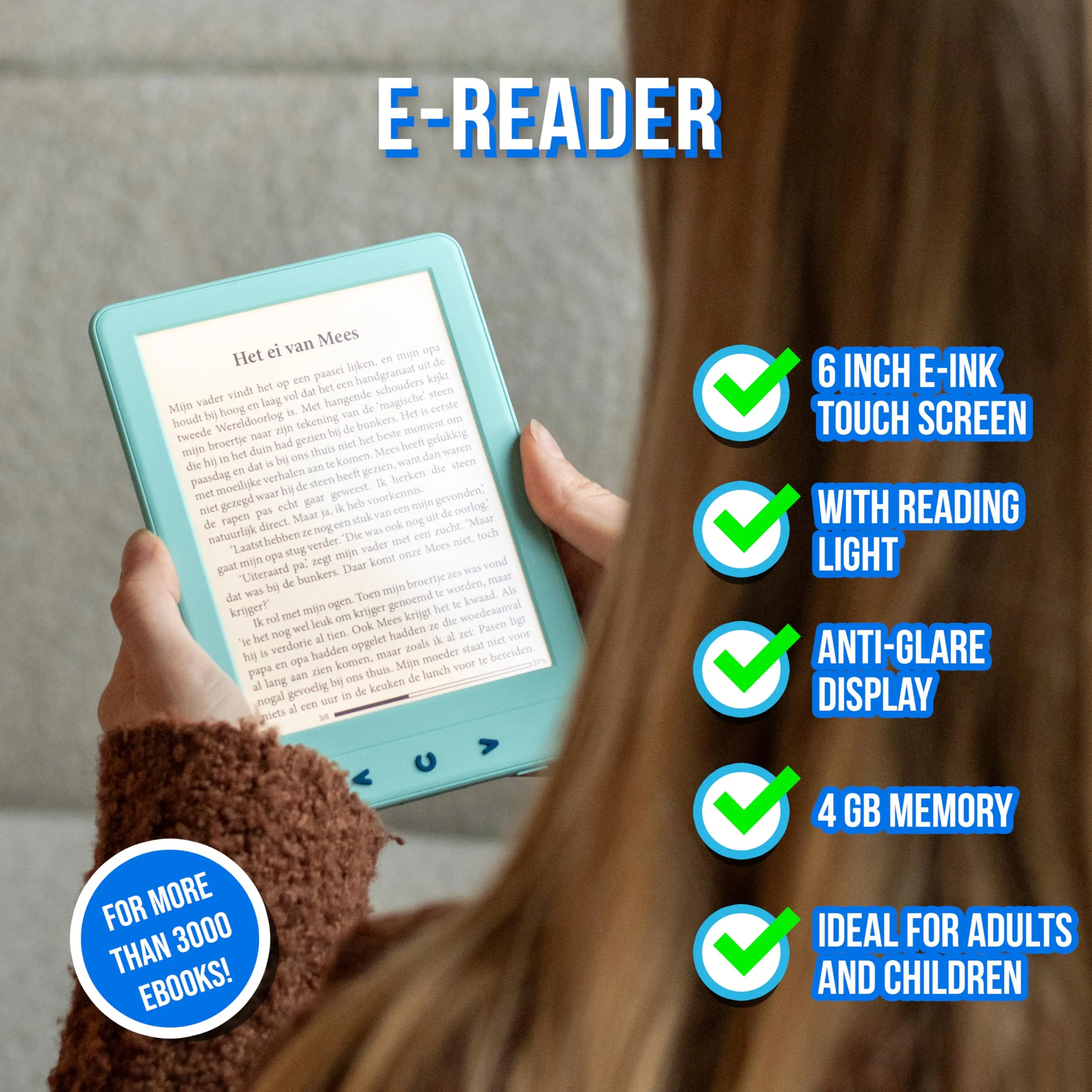 Silvergear® Ebook Reader con Retroilluminazione | Touchscreen E-Ink da 6 Pollici | Memoria da 4 GB per 3000+ E-Books | Antiriflesso e Leggero | Blu - immagine 3