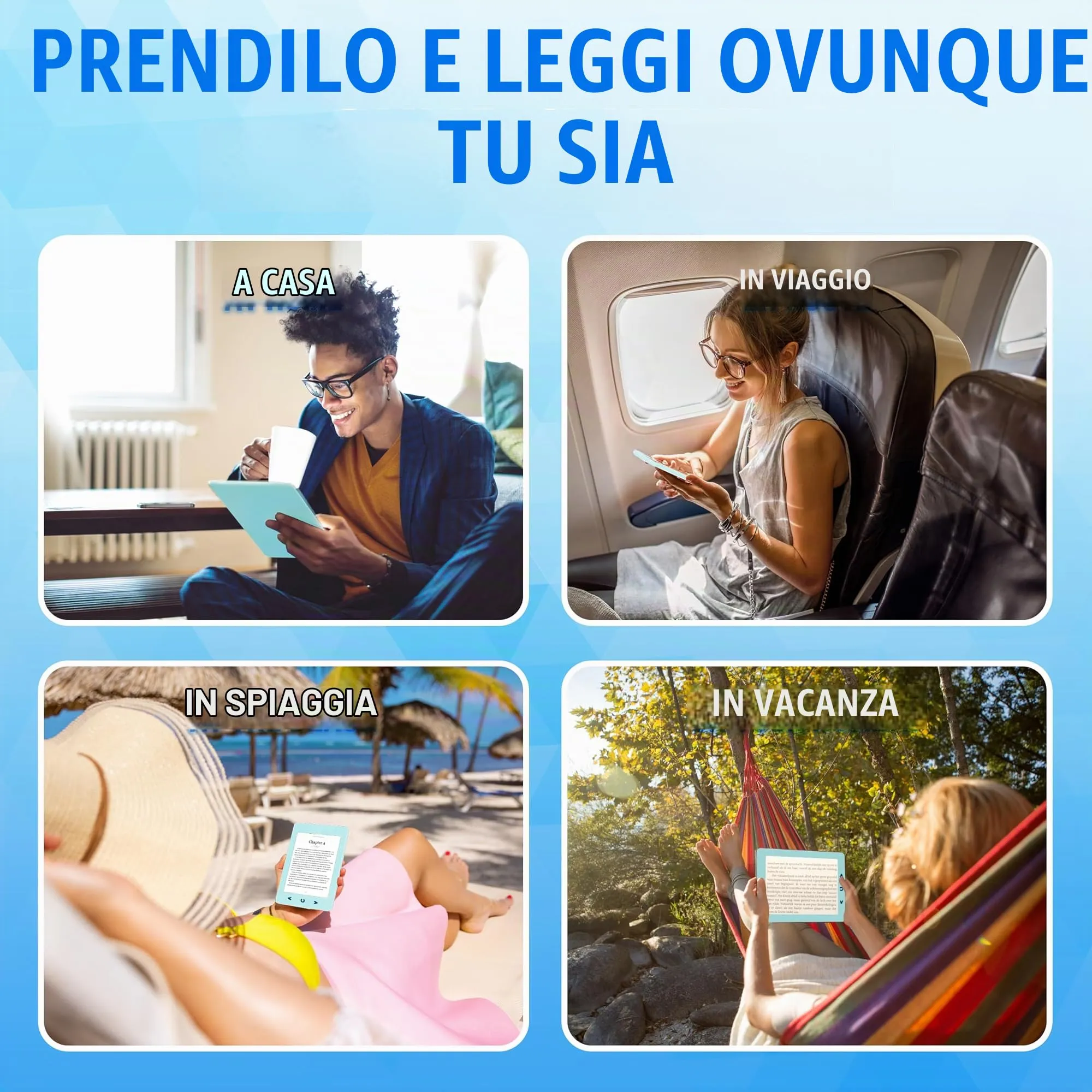 Silvergear® Ebook Reader con Retroilluminazione | Touchscreen E-Ink da 6 Pollici | Memoria da 4 GB per 3000+ E-Books | Antiriflesso e Leggero | Blu - immagine 4