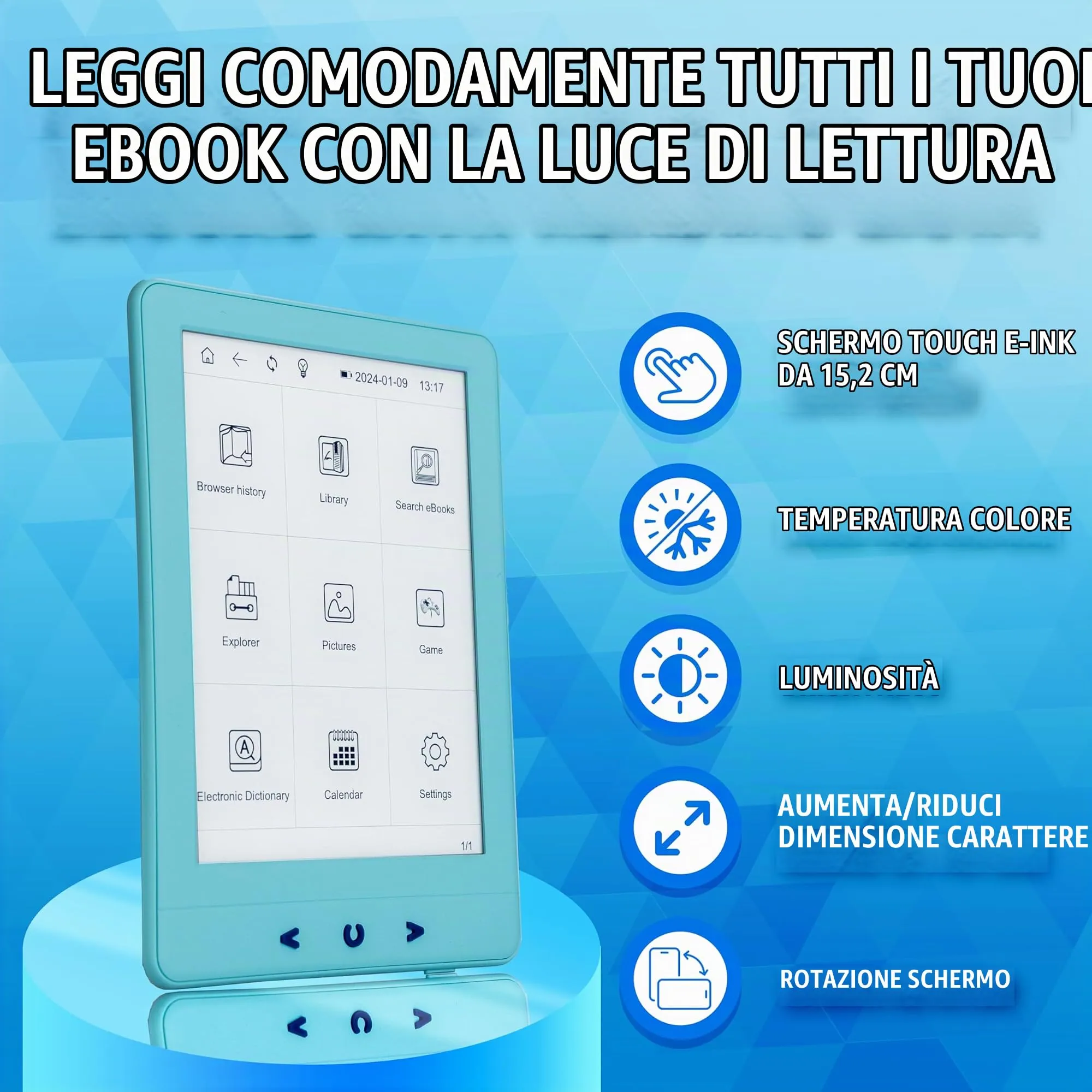 Silvergear® Ebook Reader con Retroilluminazione | Touchscreen E-Ink da 6 Pollici | Memoria da 4 GB per 3000+ E-Books | Antiriflesso e Leggero | Blu - immagine 6