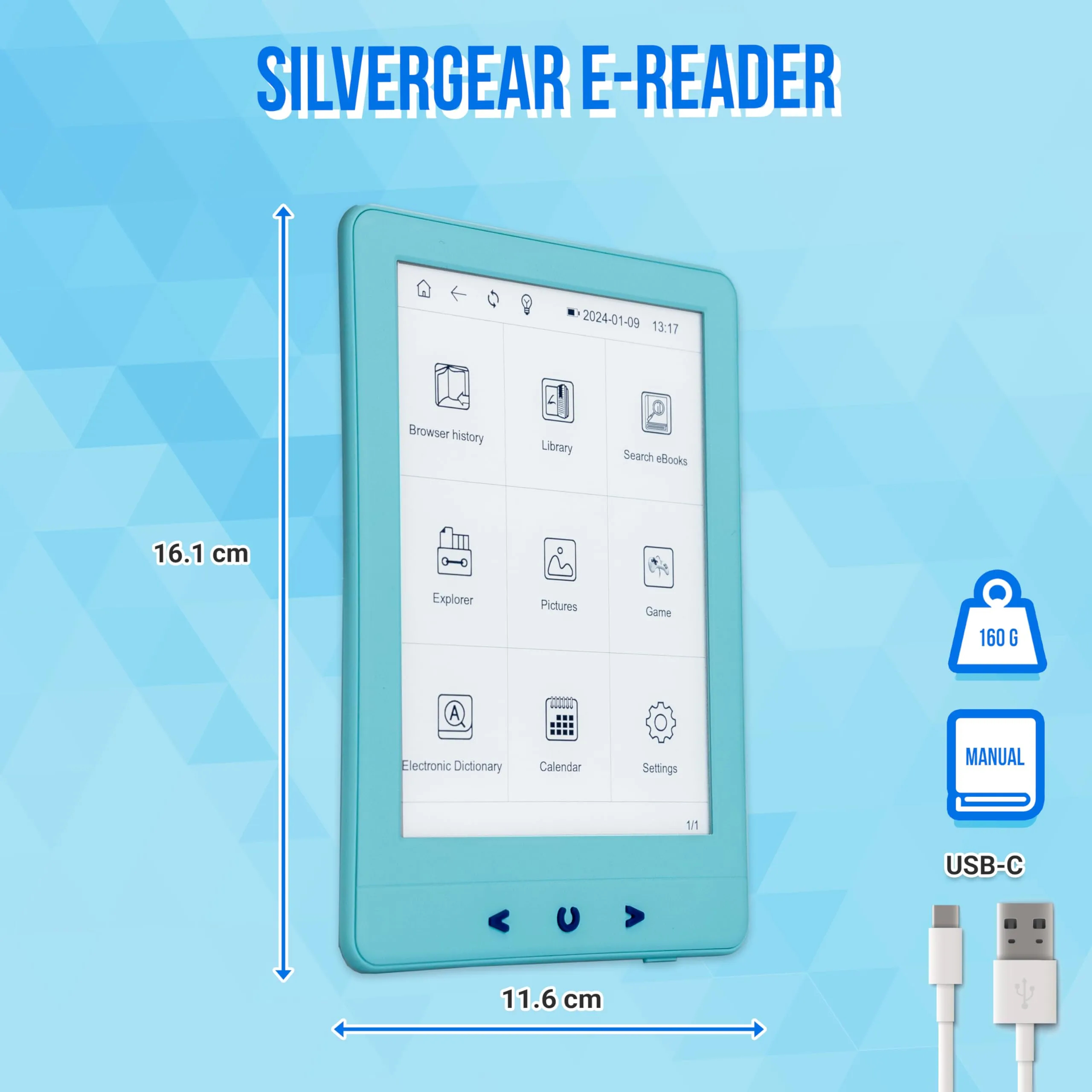 Silvergear® Ebook Reader con Retroilluminazione | Touchscreen E-Ink da 6 Pollici | Memoria da 4 GB per 3000+ E-Books | Antiriflesso e Leggero | Blu - immagine 7