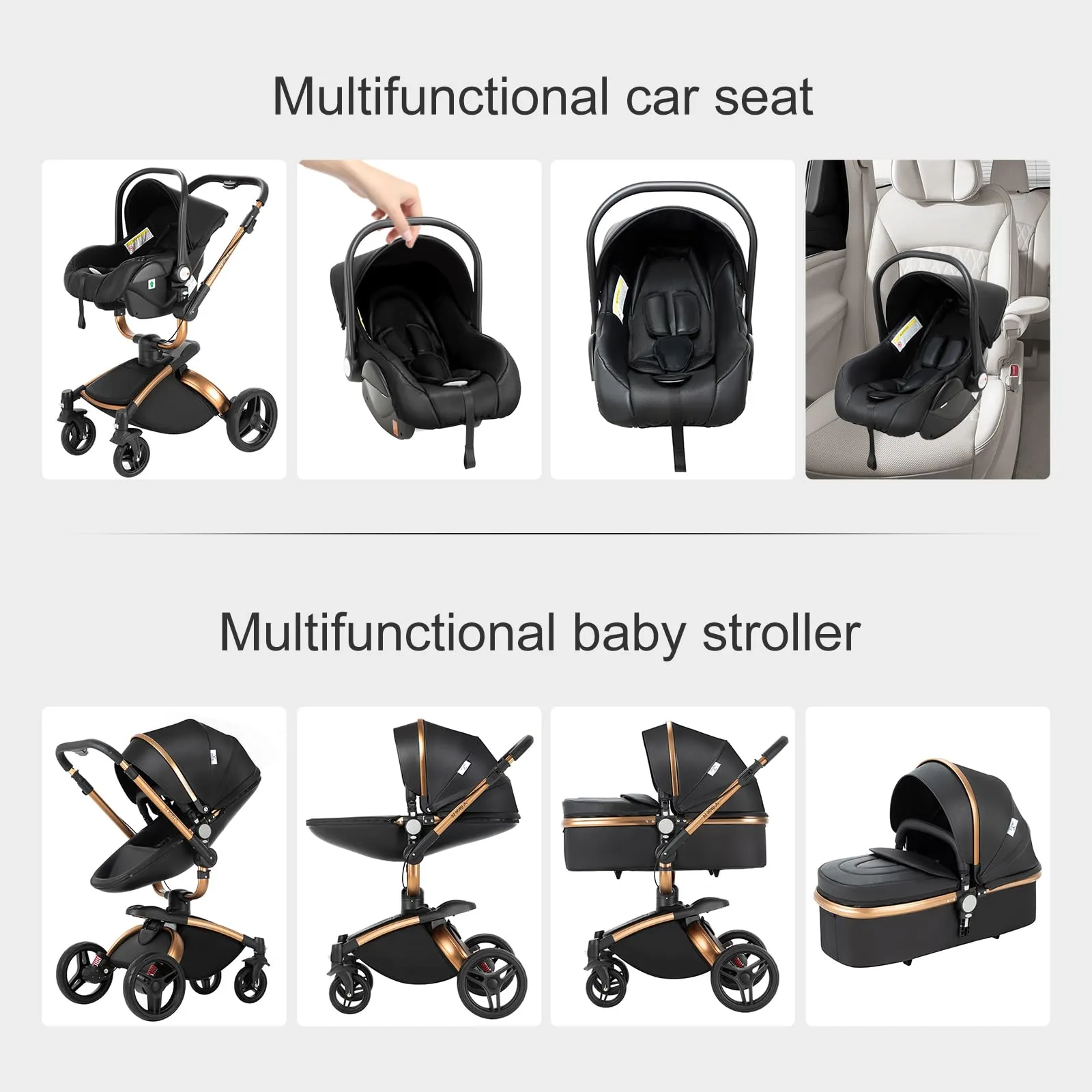Reenborn Pelle PU Passeggino Trio, Passeggino 3 in 1 con Sedili Regolabili Rotanti 360°, Trio con Telaio Alluminio Paesaggistico Alto, Trio Passeggino Neonati Design Pieghevole in Un Clic (906 White) - immagine 4
