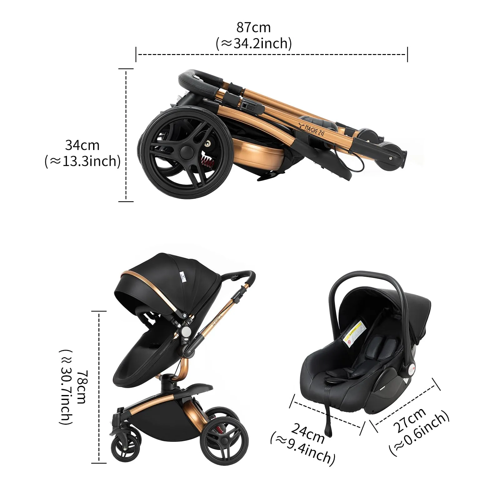 Reenborn Pelle PU Passeggino Trio, Passeggino 3 in 1 con Sedili Regolabili Rotanti 360°, Trio con Telaio Alluminio Paesaggistico Alto, Trio Passeggino Neonati Design Pieghevole in Un Clic (906 White) - immagine 6