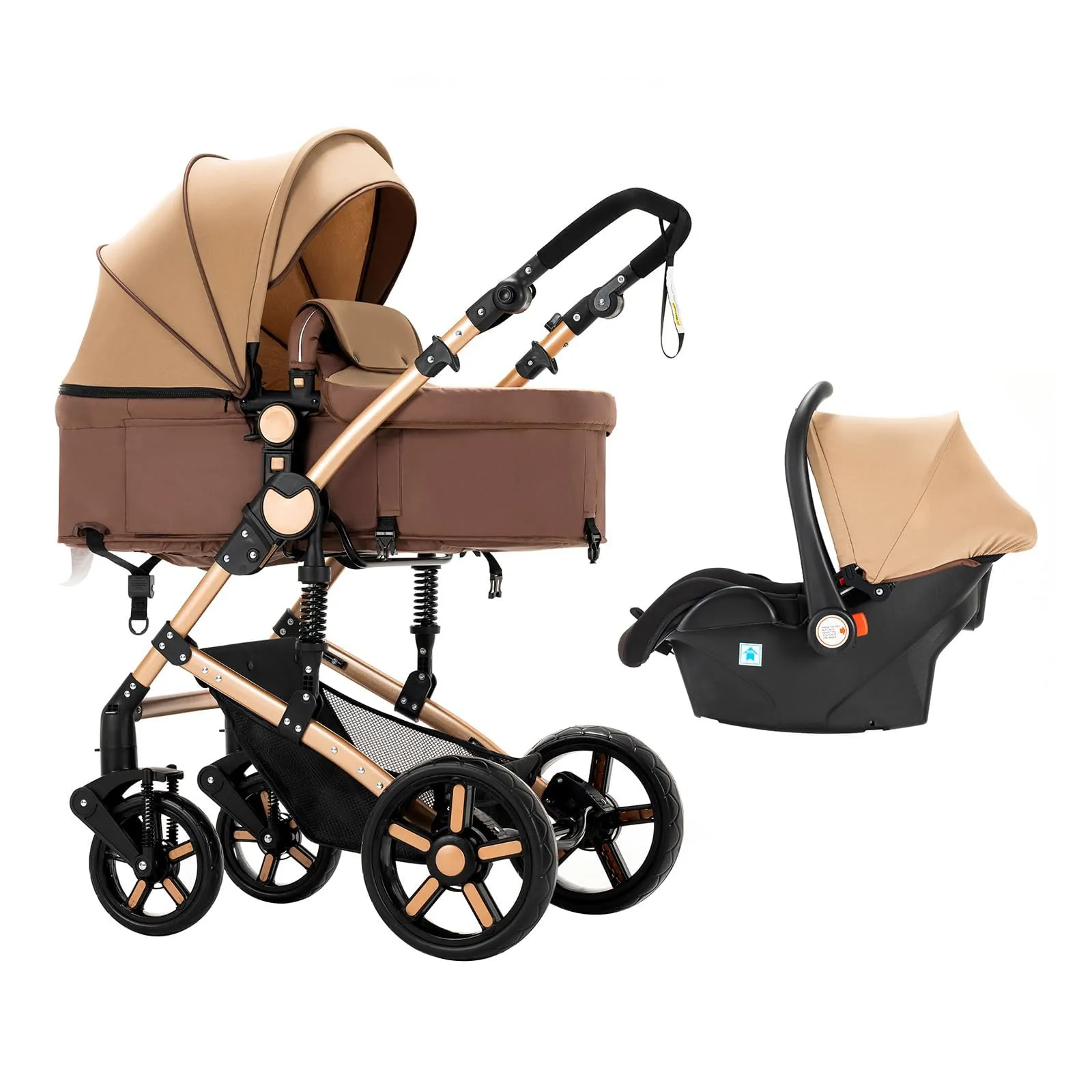 Reenborn Passeggino Trio, Passeggino 3 in 1 con Due Modi Reversibili Spingere, Trio Neonati con Telaio Alluminio Paesaggistico Alto, Design Pieghevole in Un Clic (588 Khaki) - immagine 9