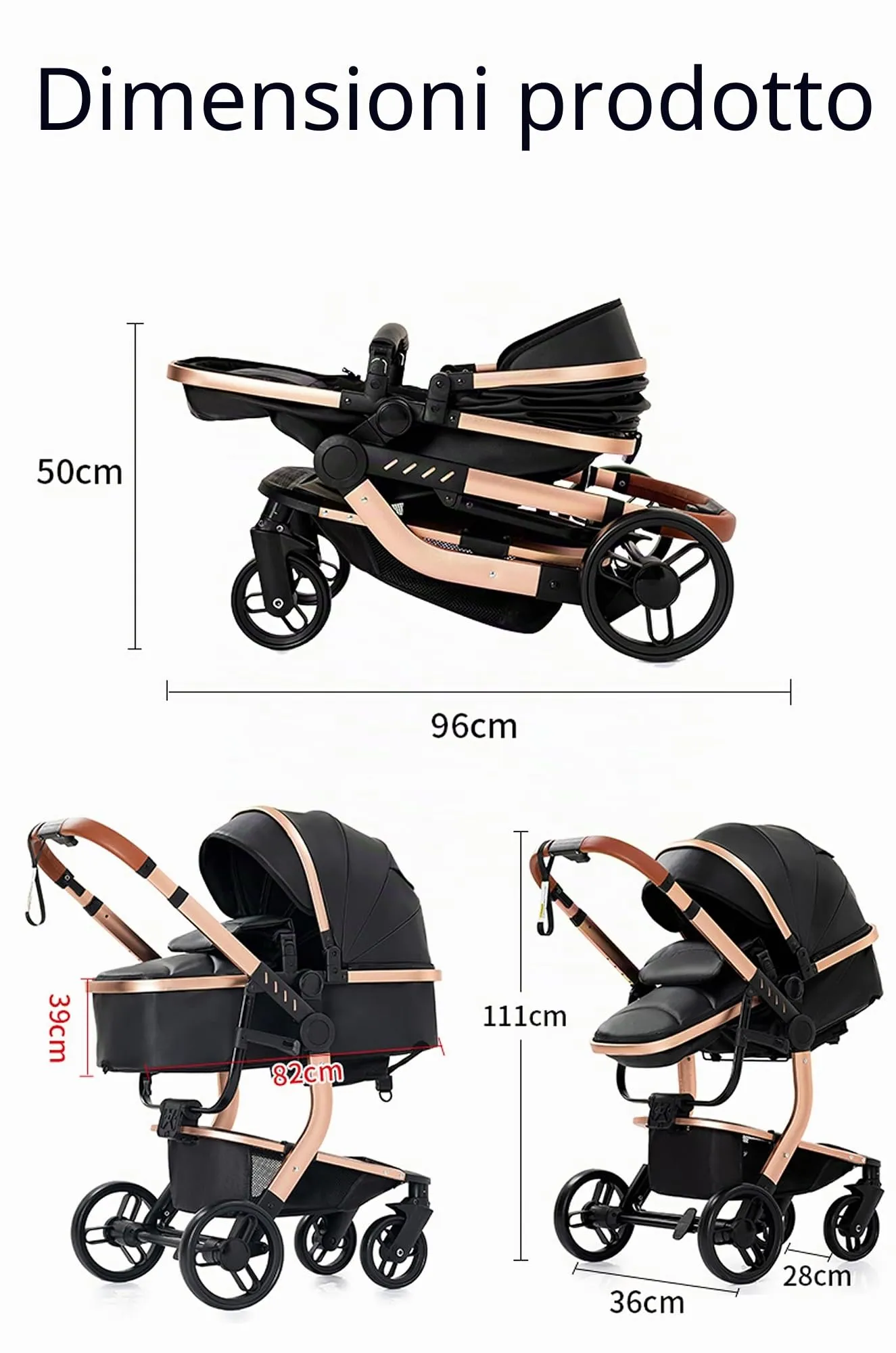 Reenborn Pelle PU Passeggino Trio, Passeggino 3 in 1 con Due Modi Reversibili Spingere, Trio con Telaio Alluminio Paesaggistico Alto, Trio Passeggino Neonati Design Pieghevole in Un Clic (518 Khaki) - immagine 6