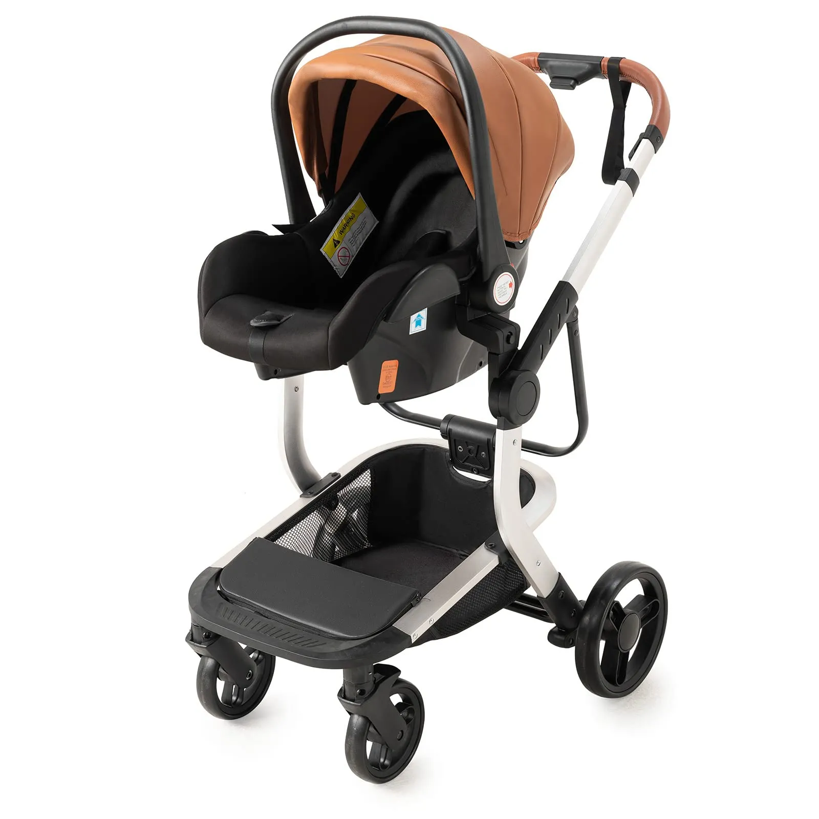 Reenborn Pelle PU Passeggino Trio, Passeggino 3 in 1 con Due Modi Reversibili Spingere, Trio con Telaio Alluminio Paesaggistico Alto, Trio Passeggino Neonati Design Pieghevole in Un Clic (518 Khaki) - immagine 7