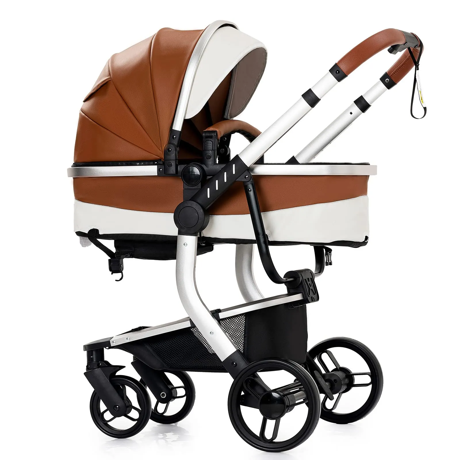 Reenborn Pelle PU Passeggino Trio, Passeggino 3 in 1 con Due Modi Reversibili Spingere, Trio con Telaio Alluminio Paesaggistico Alto, Trio Passeggino Neonati Design Pieghevole in Un Clic (518 Khaki) - immagine 8