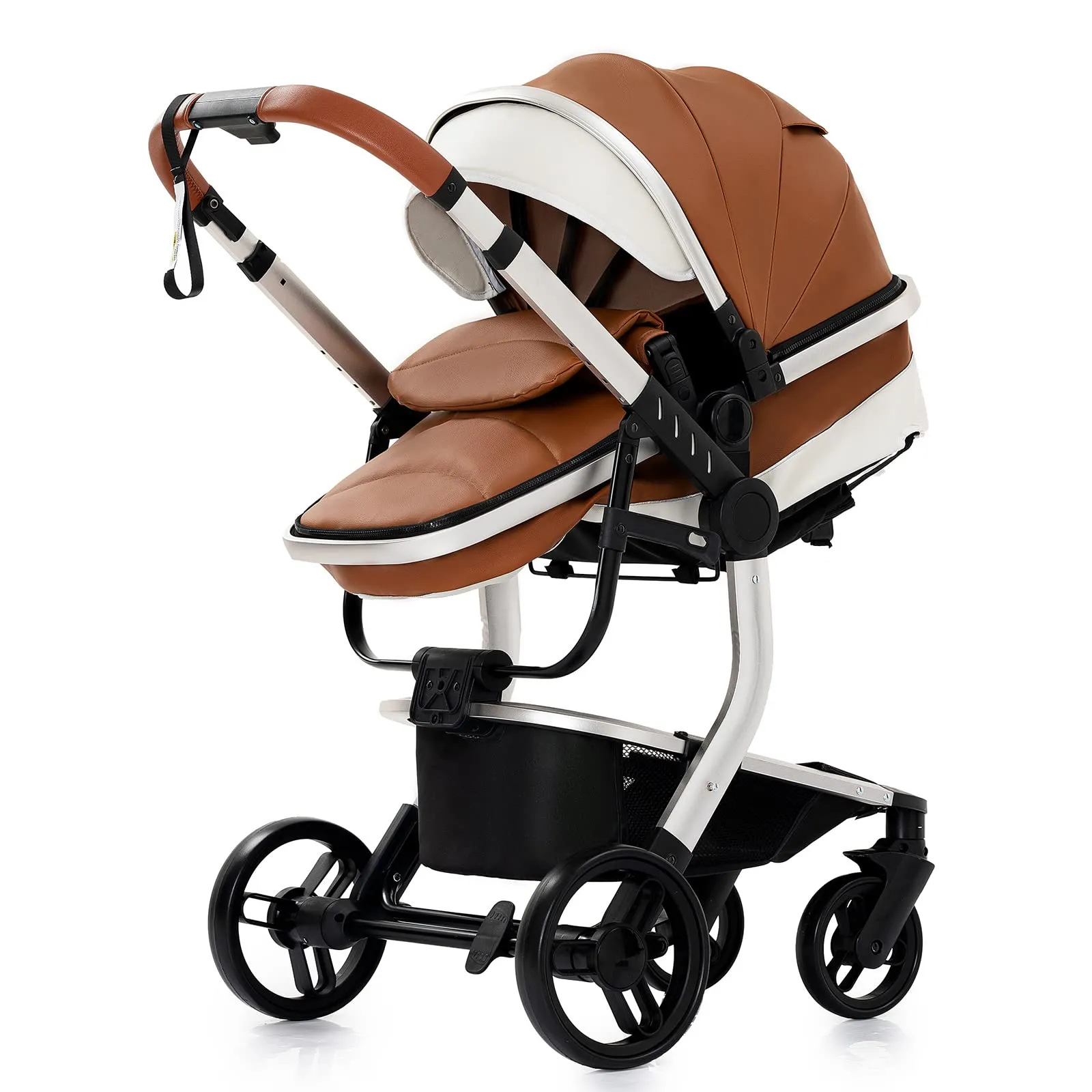 Reenborn Pelle PU Passeggino Trio, Passeggino 3 in 1 con Due Modi Reversibili Spingere, Trio con Telaio Alluminio Paesaggistico Alto, Trio Passeggino Neonati Design Pieghevole in Un Clic (518 Khaki) - immagine 9