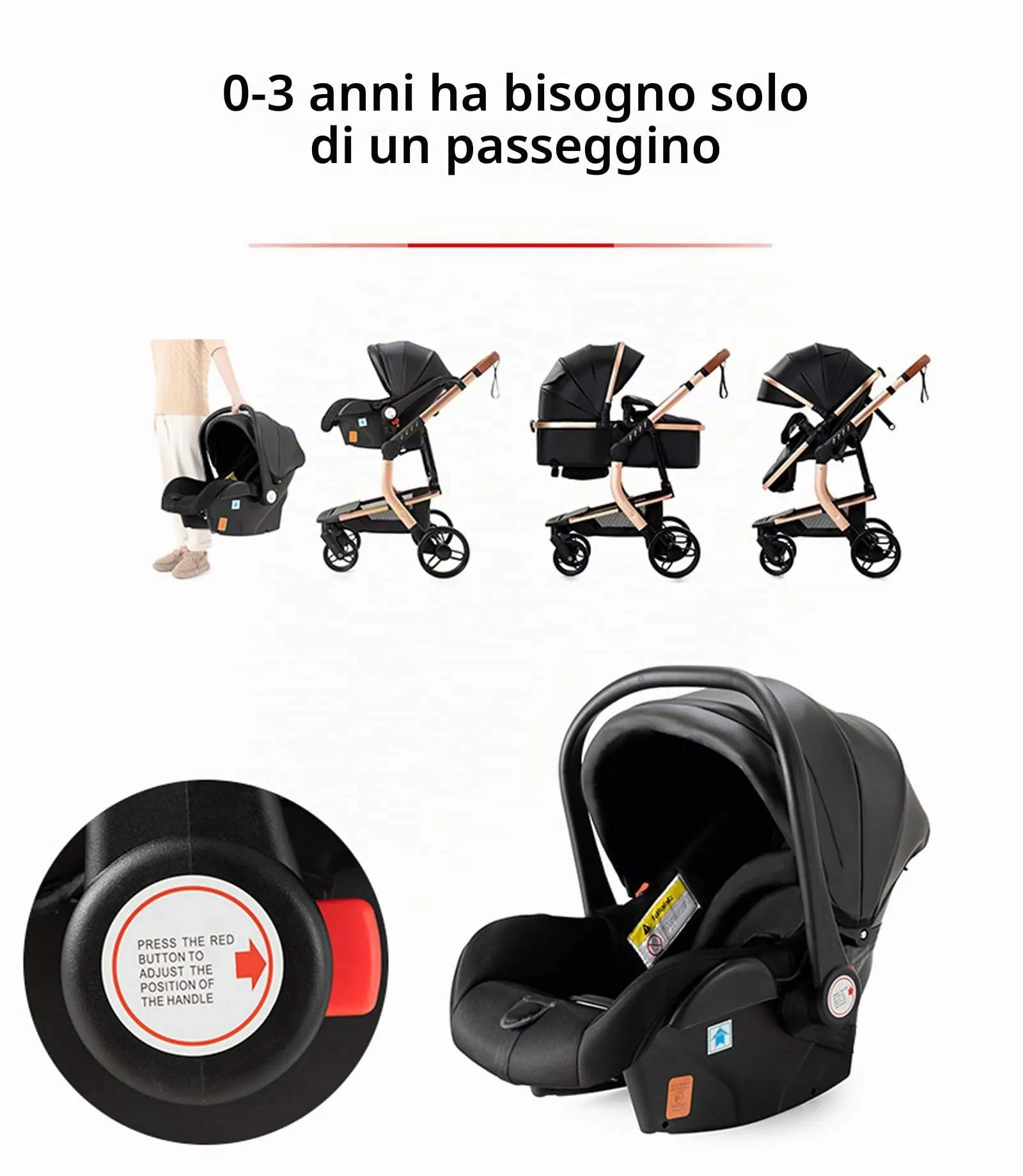 Reenborn Pelle PU Passeggino Trio, Passeggino 3 in 1 con Due Modi Reversibili Spingere, Trio con Telaio Alluminio Paesaggistico Alto, Trio Passeggino Neonati Design Pieghevole in Un Clic (518 White) - immagine 5