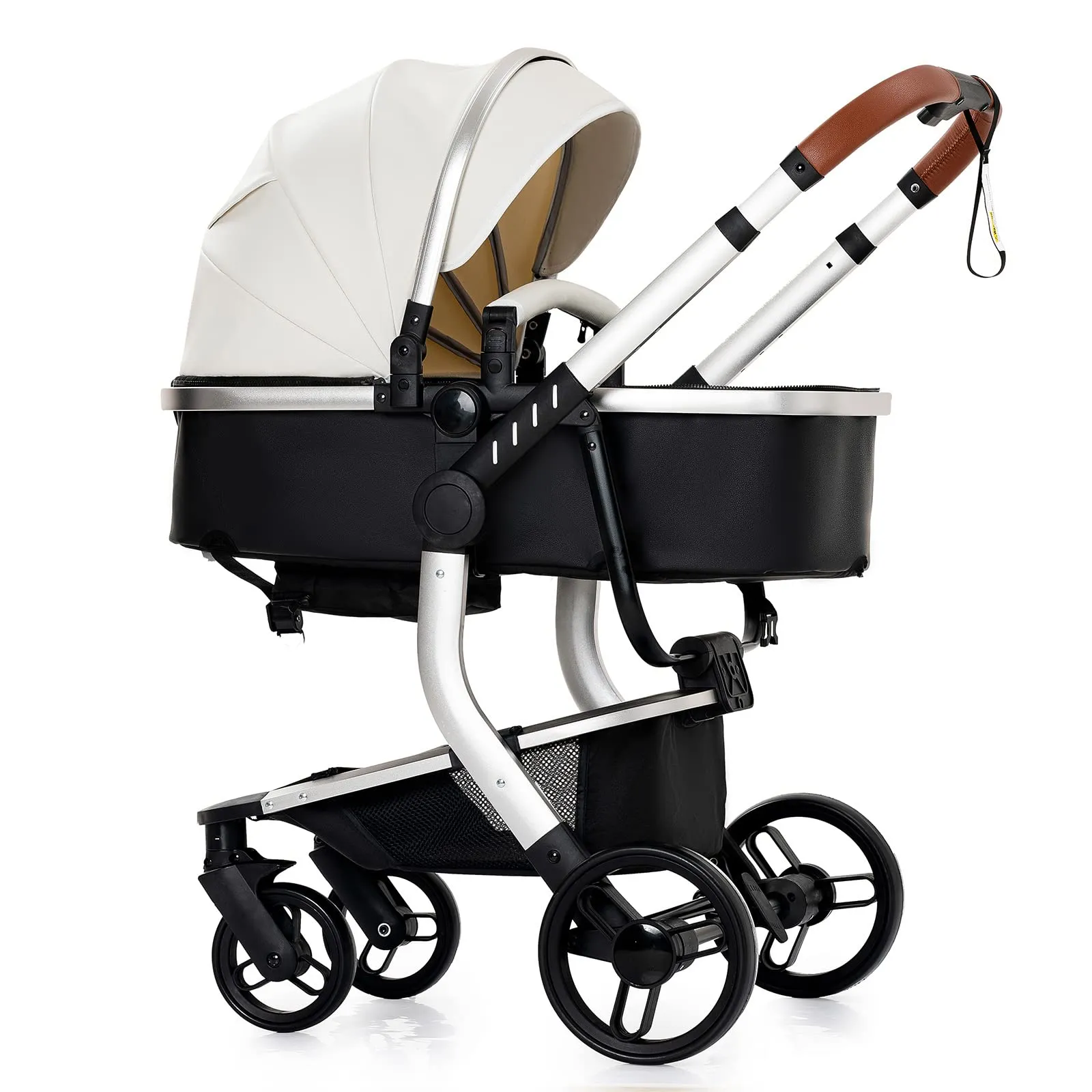Reenborn Pelle PU Passeggino Trio, Passeggino 3 in 1 con Due Modi Reversibili Spingere, Trio con Telaio Alluminio Paesaggistico Alto, Trio Passeggino Neonati Design Pieghevole in Un Clic (518 White) - immagine 8