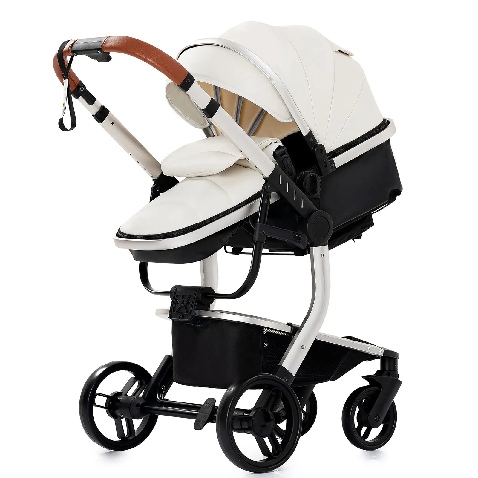 Reenborn Pelle PU Passeggino Trio, Passeggino 3 in 1 con Due Modi Reversibili Spingere, Trio con Telaio Alluminio Paesaggistico Alto, Trio Passeggino Neonati Design Pieghevole in Un Clic (518 White) - immagine 9
