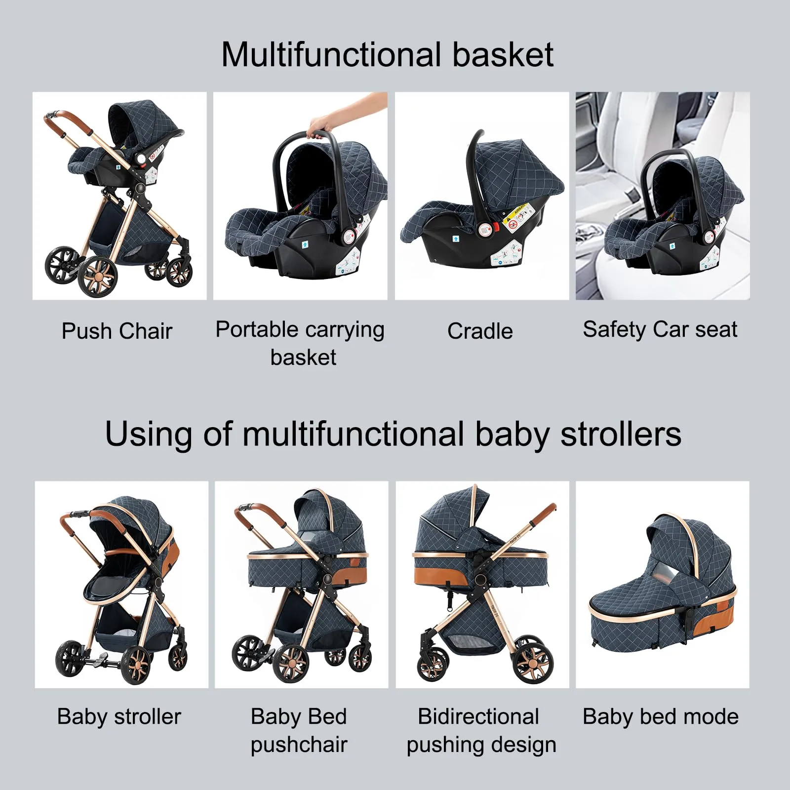 Reenborn Passeggino Trio, Passeggino 3 in 1 con Due Modi Reversibili Spingere, Trio Neonati con Telaio Alluminio Paesaggistico Alto, Design Pieghevole in Un Clic (V9 Black) - immagine 3
