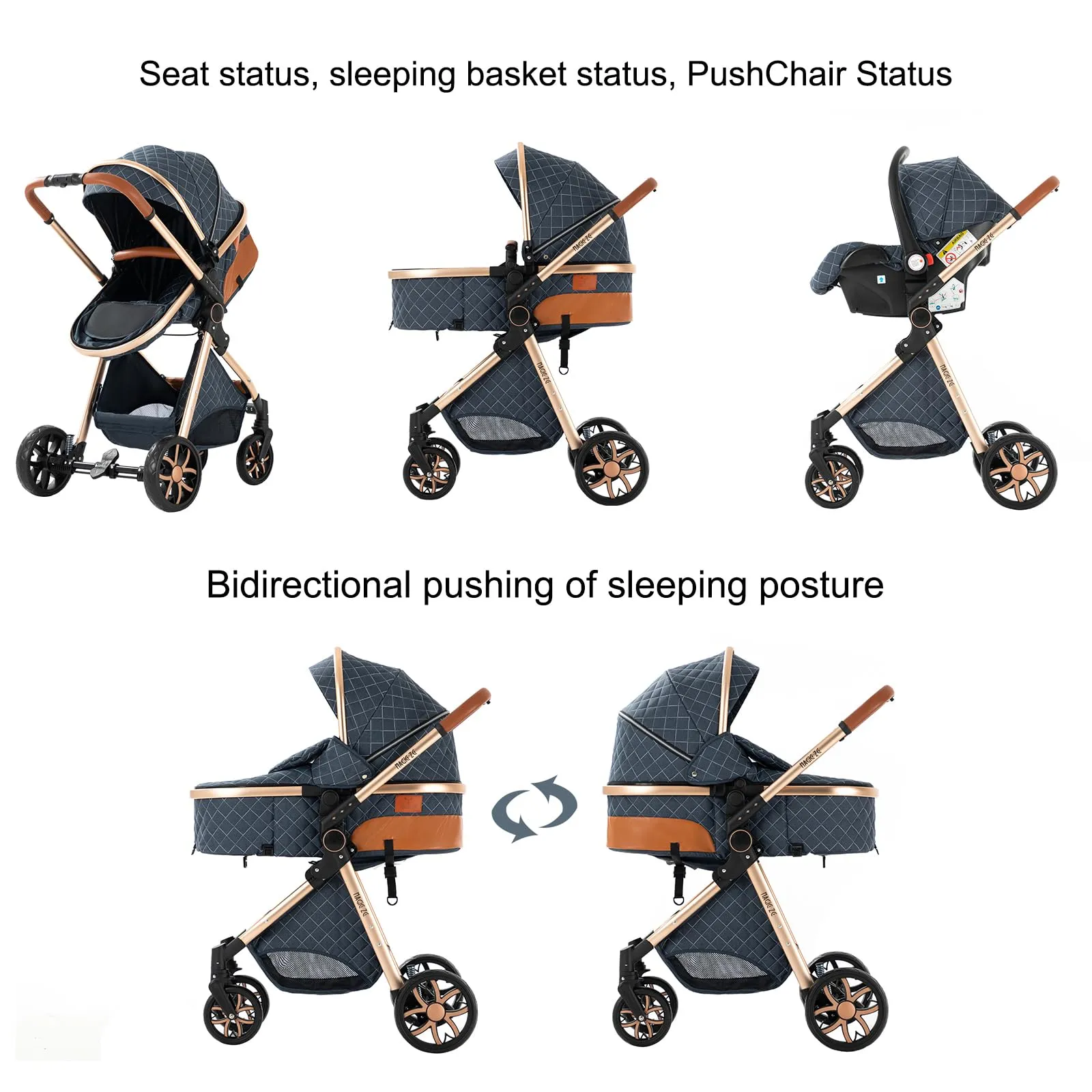 Reenborn Passeggino Trio, Passeggino 3 in 1 con Due Modi Reversibili Spingere, Trio Neonati con Telaio Alluminio Paesaggistico Alto, Design Pieghevole in Un Clic (V9 Black) - immagine 5