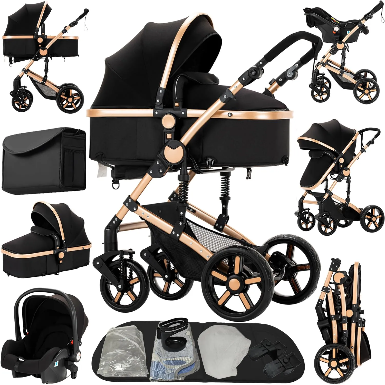 Reenborn Passeggino Trio, Passeggino 3 in 1 con Due Modi Reversibili Spingere, Trio con Telaio Alluminio Paesaggistico Alto, Trio Passeggino Neonati con Design Pieghevole in Un Clic (739 Black Gold) - immagine 1