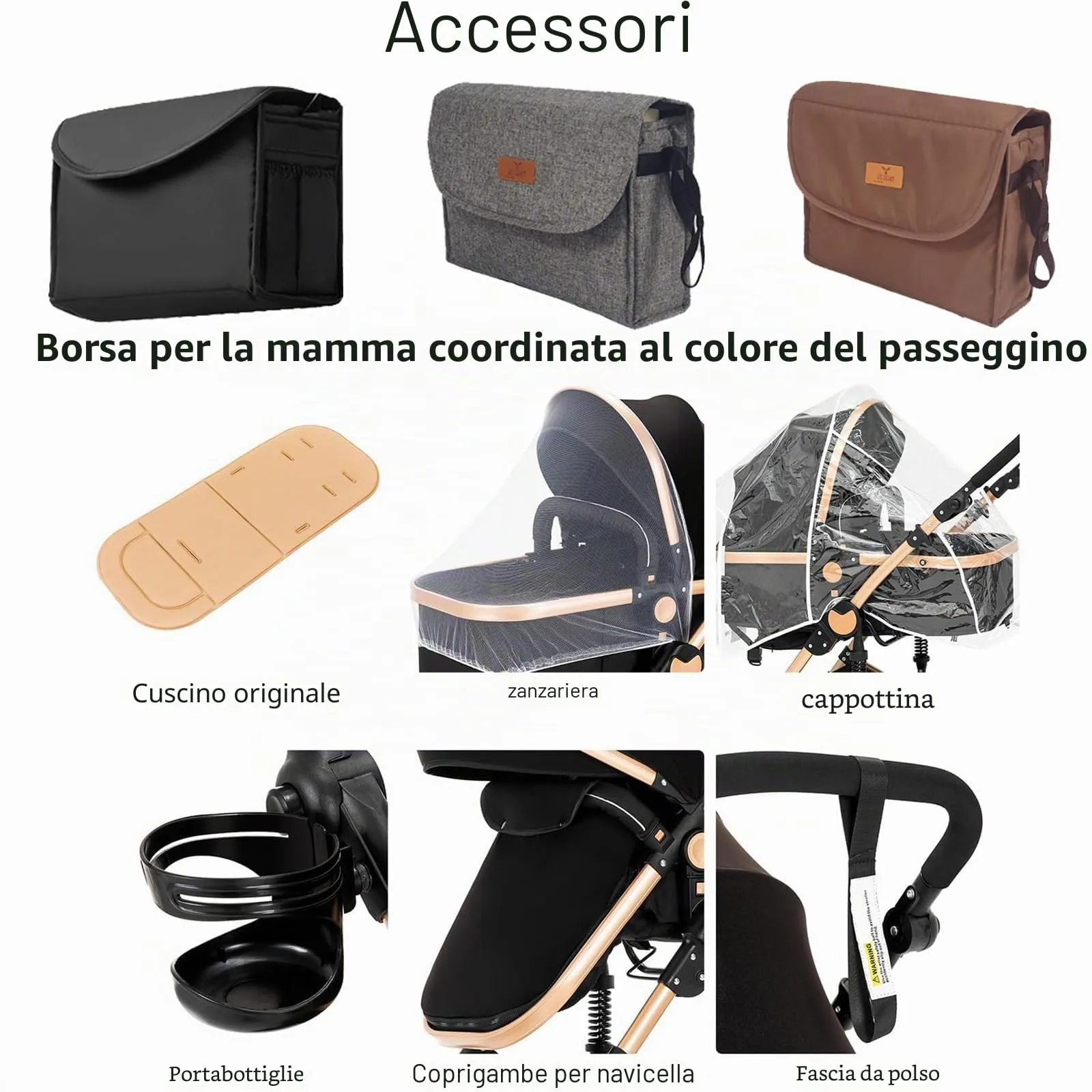 Reenborn Passeggino Trio, Passeggino 3 in 1 con Due Modi Reversibili Spingere, Trio con Telaio Alluminio Paesaggistico Alto, Trio Passeggino Neonati con Design Pieghevole in Un Clic (739 Black Gold) - immagine 2