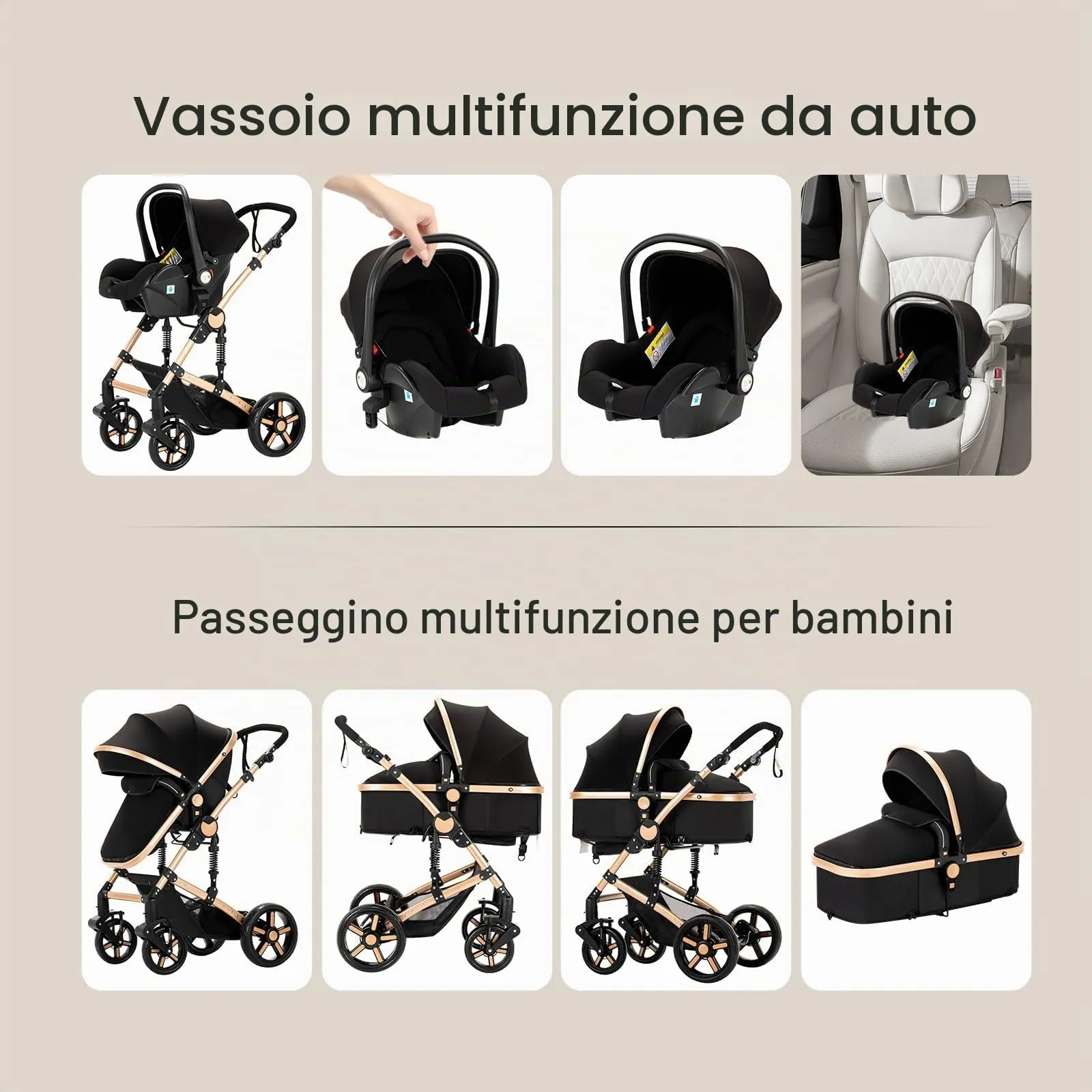 Reenborn Passeggino Trio, Passeggino 3 in 1 con Due Modi Reversibili Spingere, Trio con Telaio Alluminio Paesaggistico Alto, Trio Passeggino Neonati con Design Pieghevole in Un Clic (739 Black Gold) - immagine 3